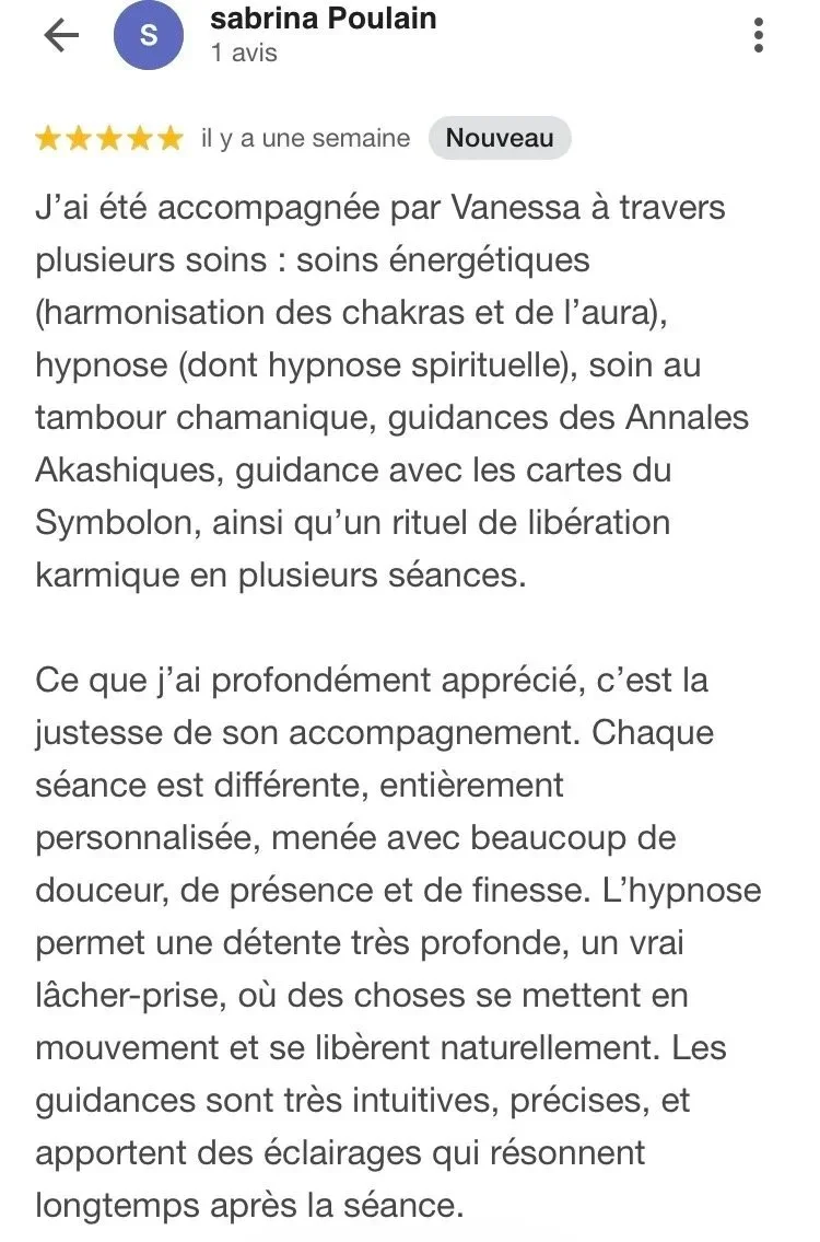 Témoignage de Sabrina après une séance d'hypnose spirituelle et de libération karmique avec Orah Nes Sens.