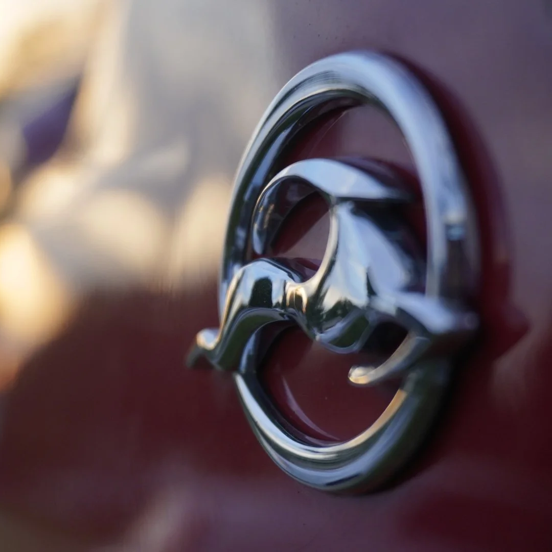 Close-up of a shiny metallic car emblem on a red vehicle, with a blurred background