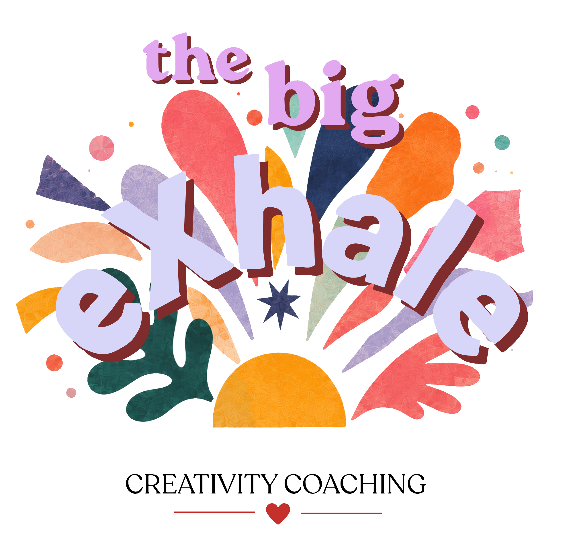 Colorful geometric shapes with the words 'the big' above and 'CREATIVITY COACHING' below, forming a decorative logo.
