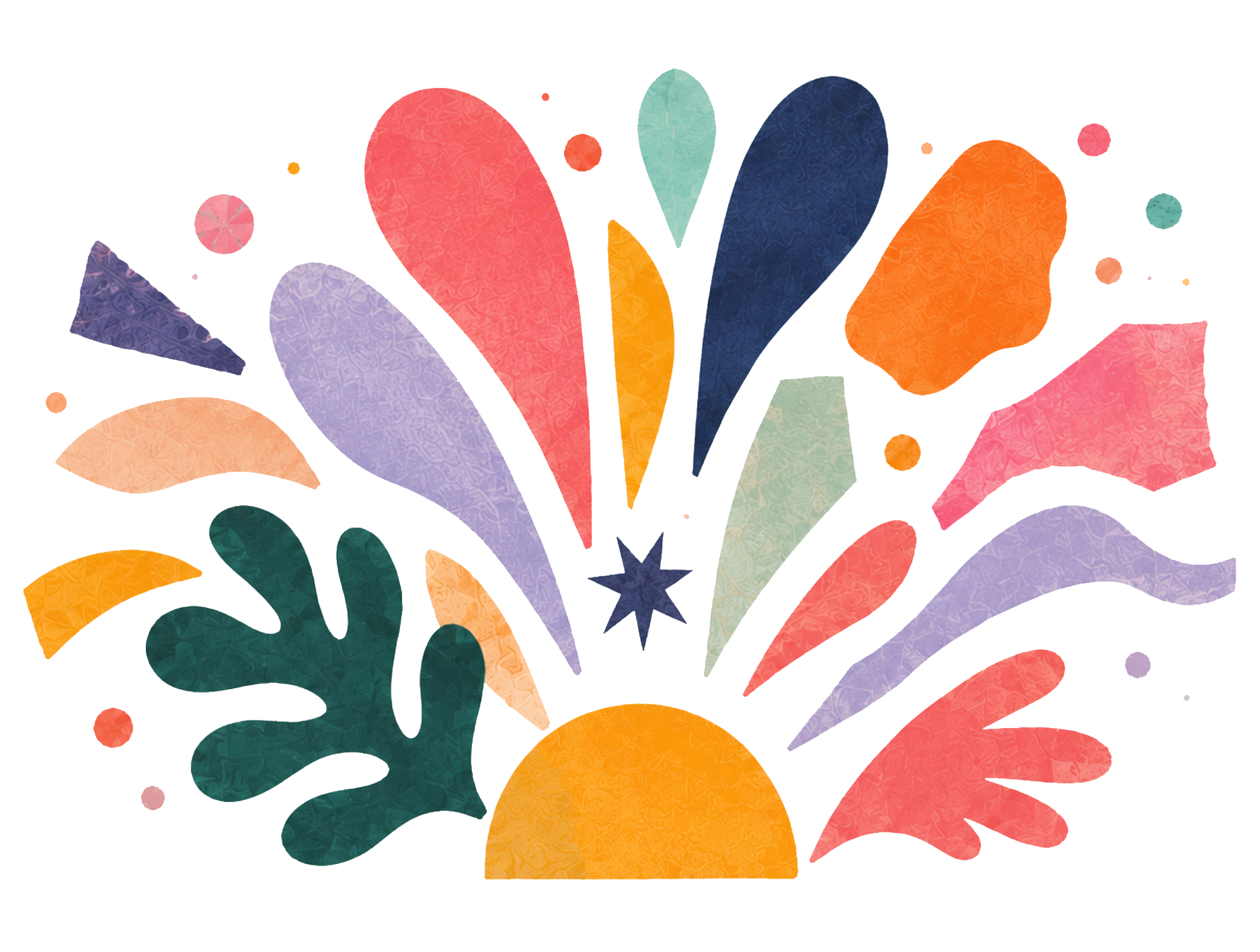 Colorful abstract illustration resembling a firework explosion with various shapes and patterns, including leaves and circles, in bright colors like orange, pink, purple, green, and dark blue.