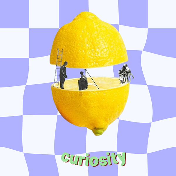 A lemon cut in half with miniature black-and-white people illustrations inside and on top, depicting a conversation and exploration scene, with the word 'curiosity' at the bottom.