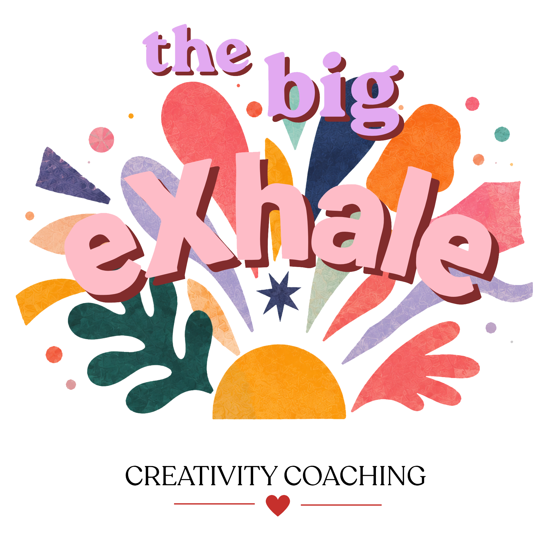 Text that reads 'the big YES! CREATIVELY COACHING' with colorful abstract shapes and hearts surrounding the text.