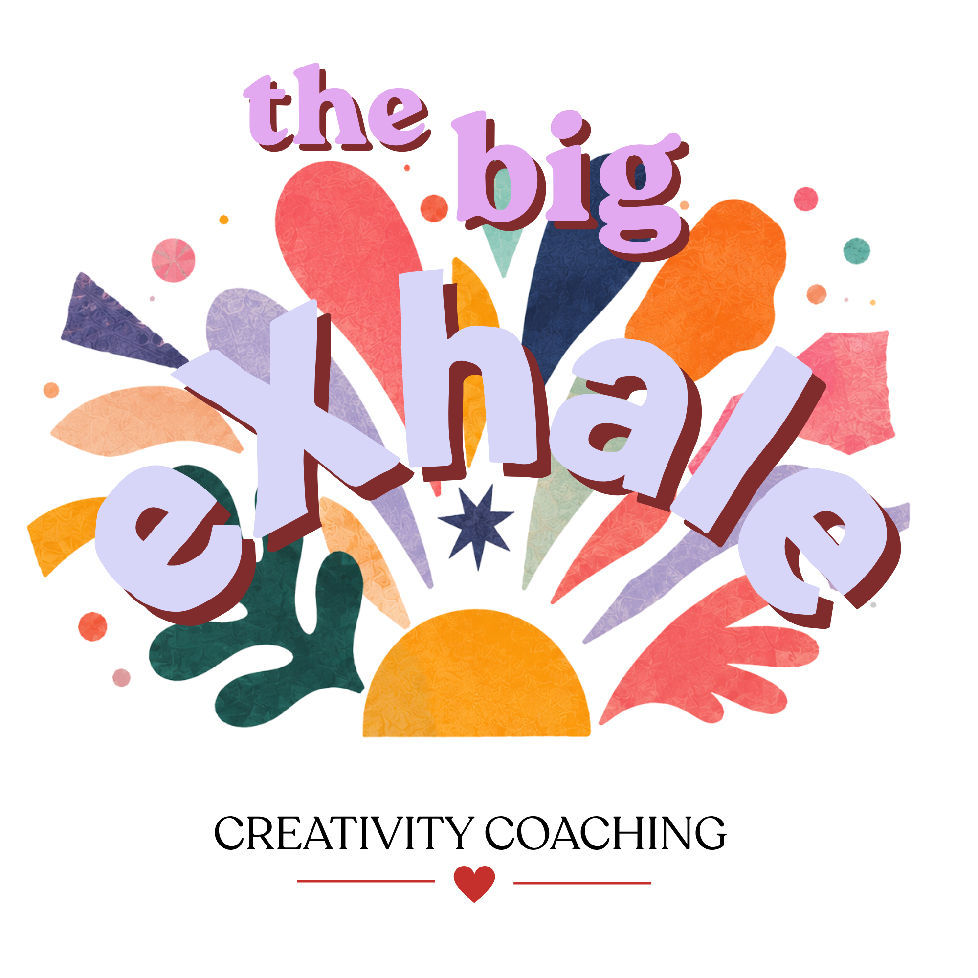 Colorful abstract design with the text 'the big idea' above the words 'CREATIVITY COACHING', and a small heart icon below.