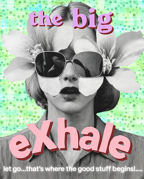 A woman with flower petals covering her eyes and wearing sunglasses, with colorful text overlay.