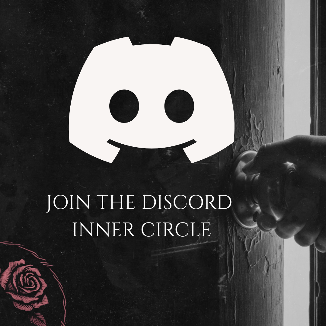 A black-and-white promotional image with the Discord logo and text inviting viewers to join the Discord inner circle, featuring a hand holding a doorknob.
