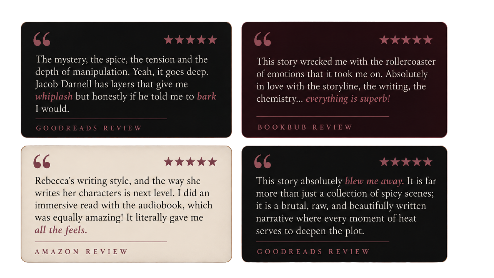Four book reviews displayed in a grid, with the top two reviews on dark backgrounds and the bottom two on light backgrounds, each containing star ratings and styled quotes.