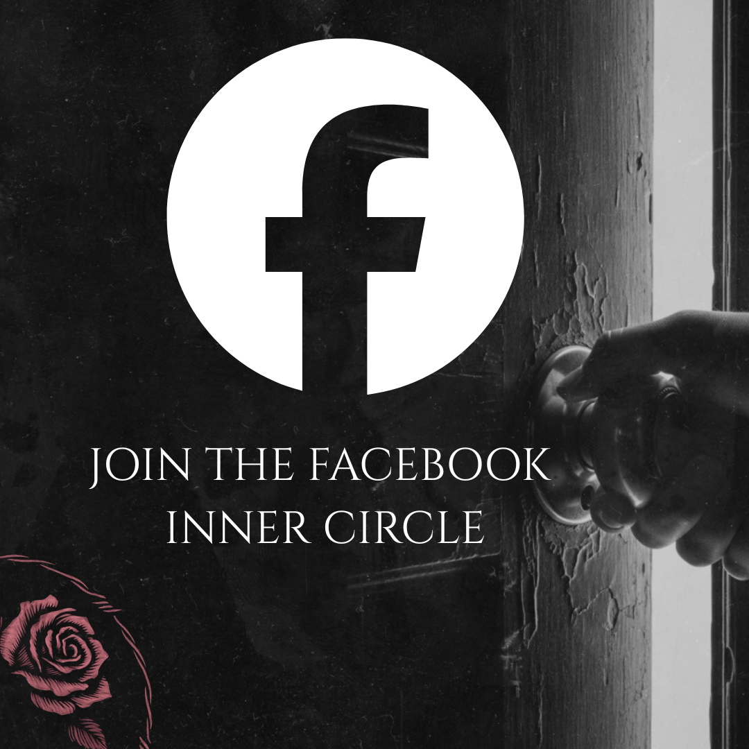 A black and white image with a Facebook logo and text encouraging viewers to join the Facebook inner circle, with a hand turning a doorknob in the background.