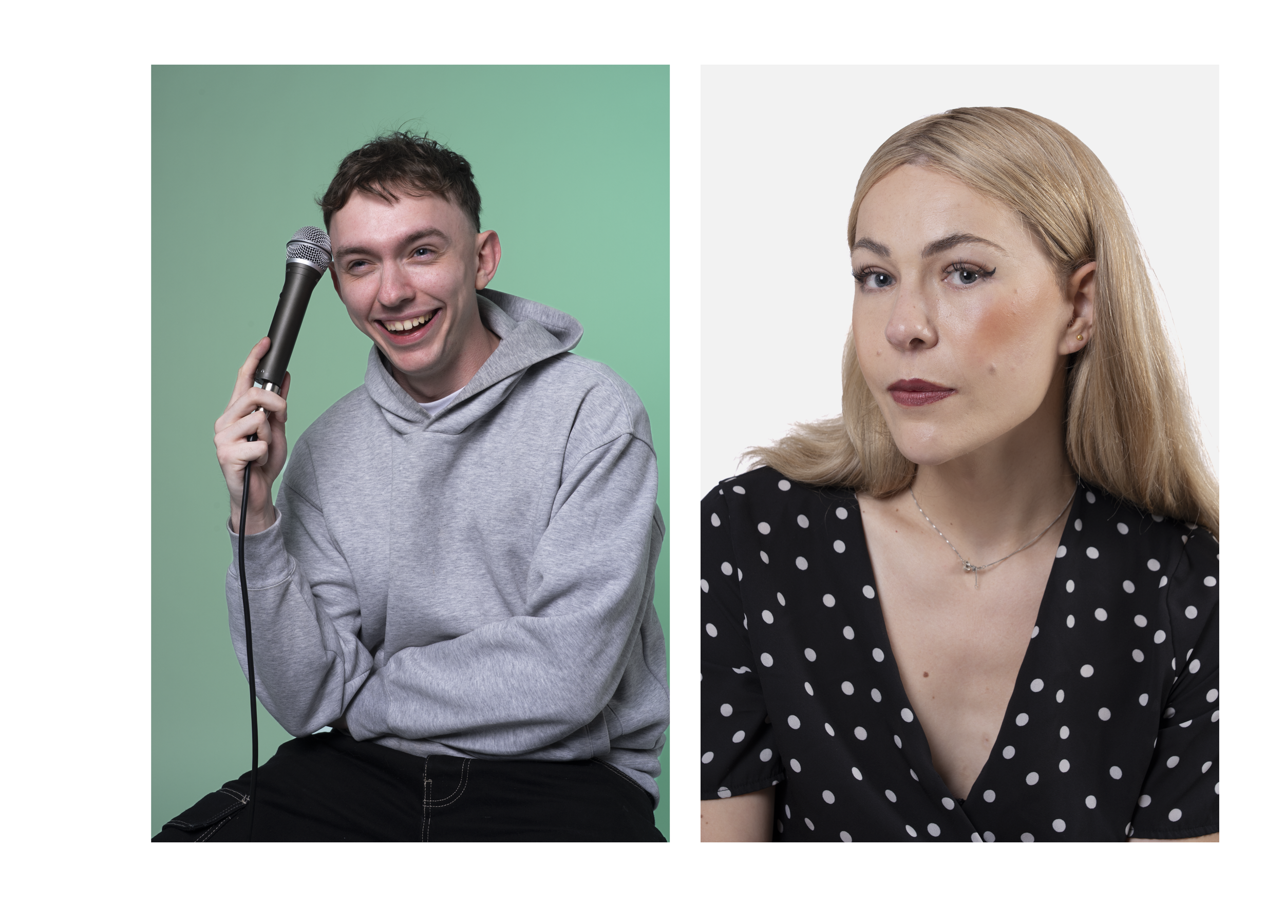 Two portraits, a young man smiling and holding a microphone, wearing a gray hoodie against a green background, and a woman with blonde hair and blue eyes wearing a black dress with white polka dots against a plain white background.