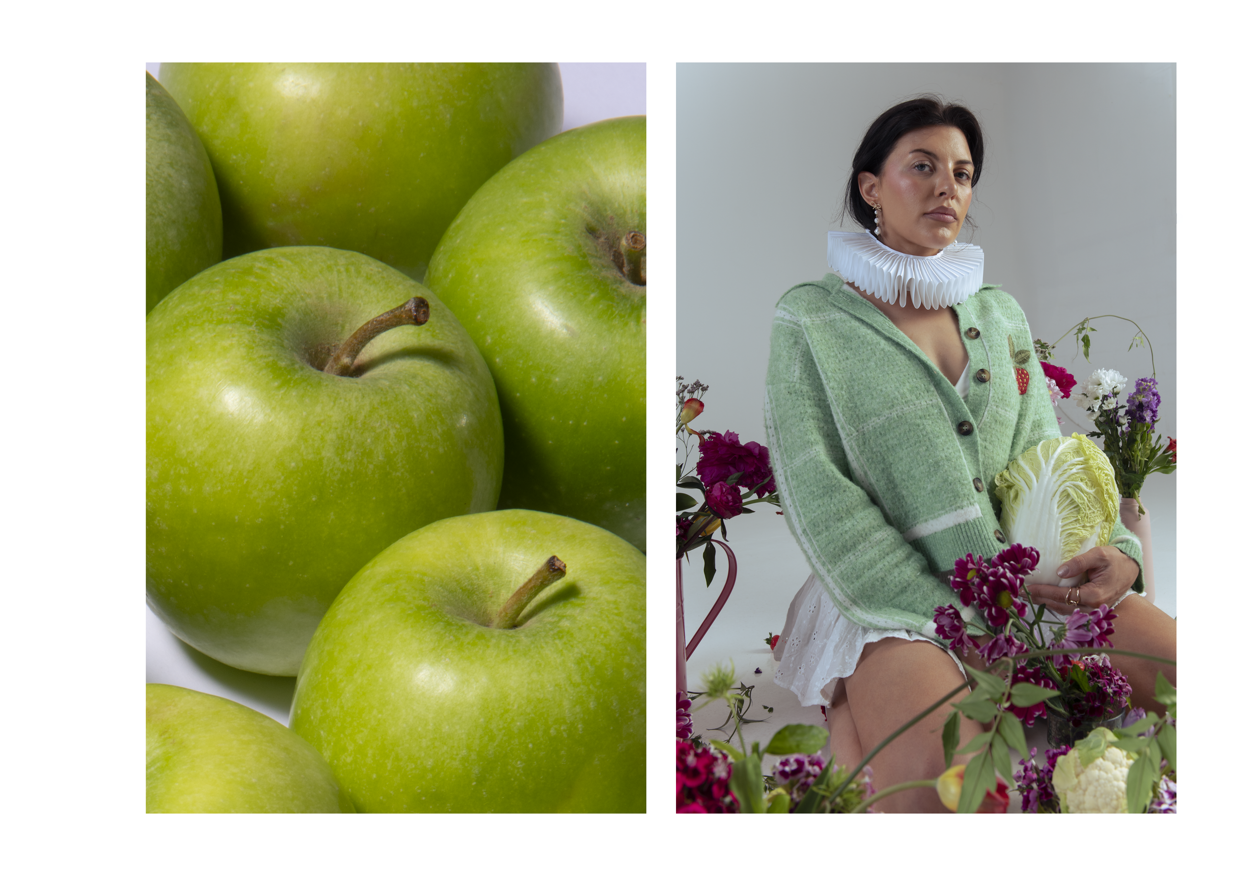 Close-up of four green apples and a woman wearing a green jacket with floral decorations and a ruffled white collar, surrounded by various pink, purple, and white flowers.