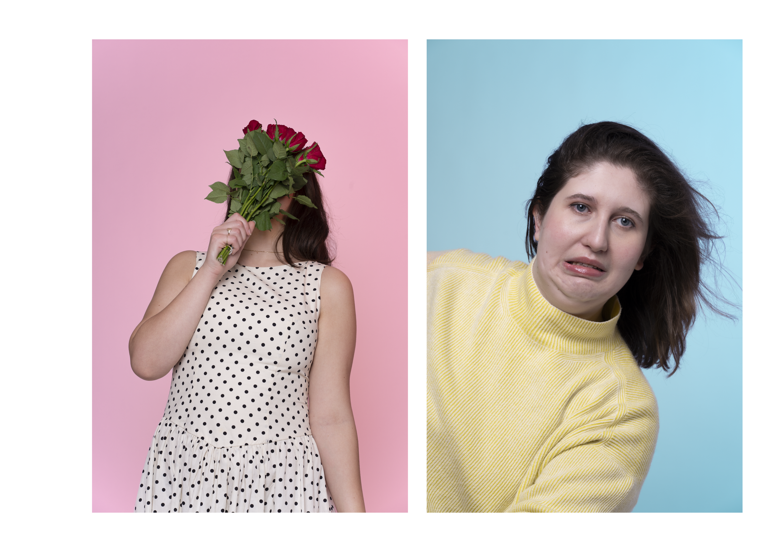 Split image of two women with different backgrounds, the woman on the left holds a bouquet of red roses in front of her face, wearing a white dress with black polka dots against a pink background, and the woman on the right with brown curly hair, wea