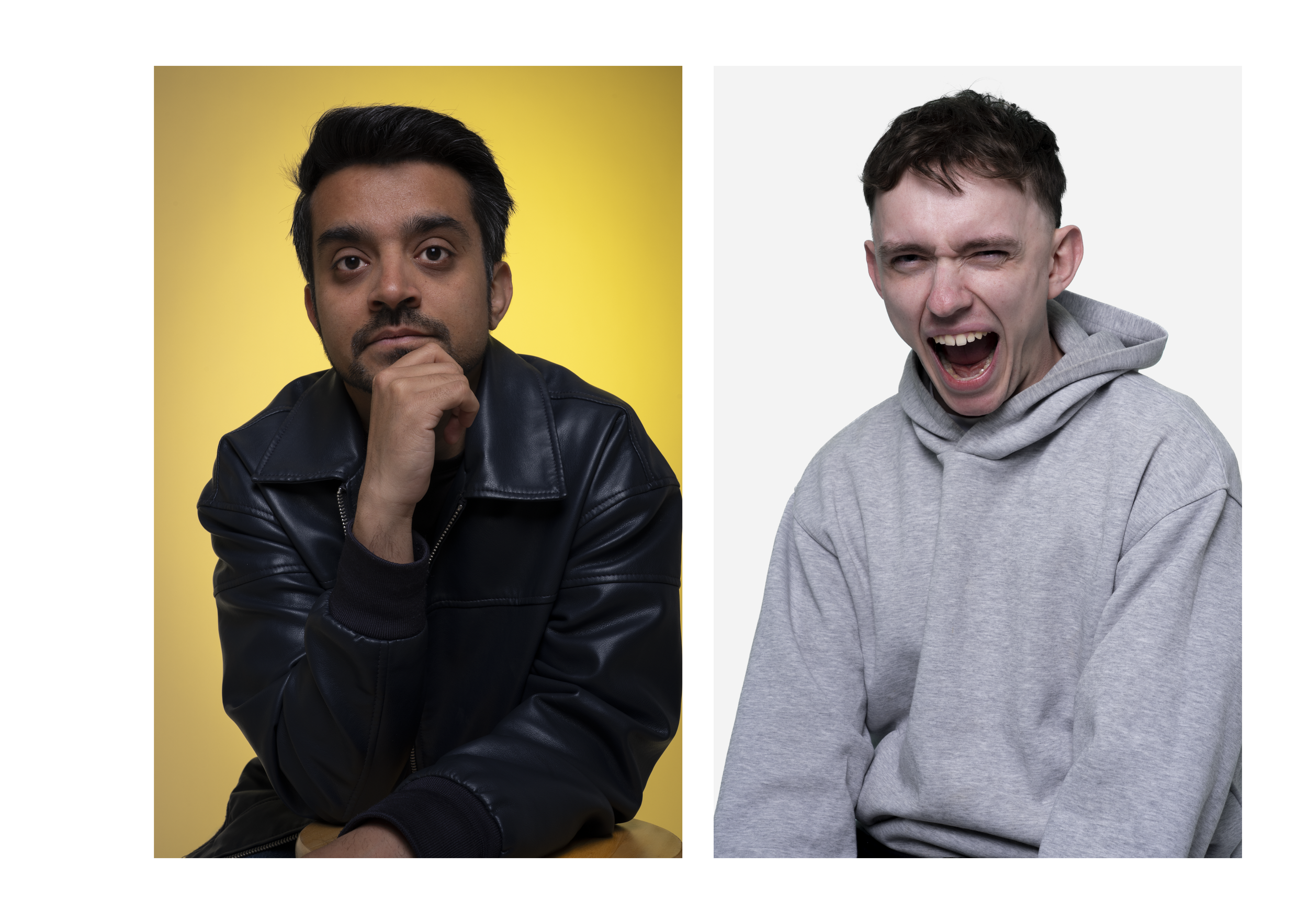 Two men, one with dark hair and a beard wearing a black leather jacket with a yellow background, and one with short dark hair wearing a gray hoodie with a white background. The first man appears contemplative, and the second man is smiling with his m