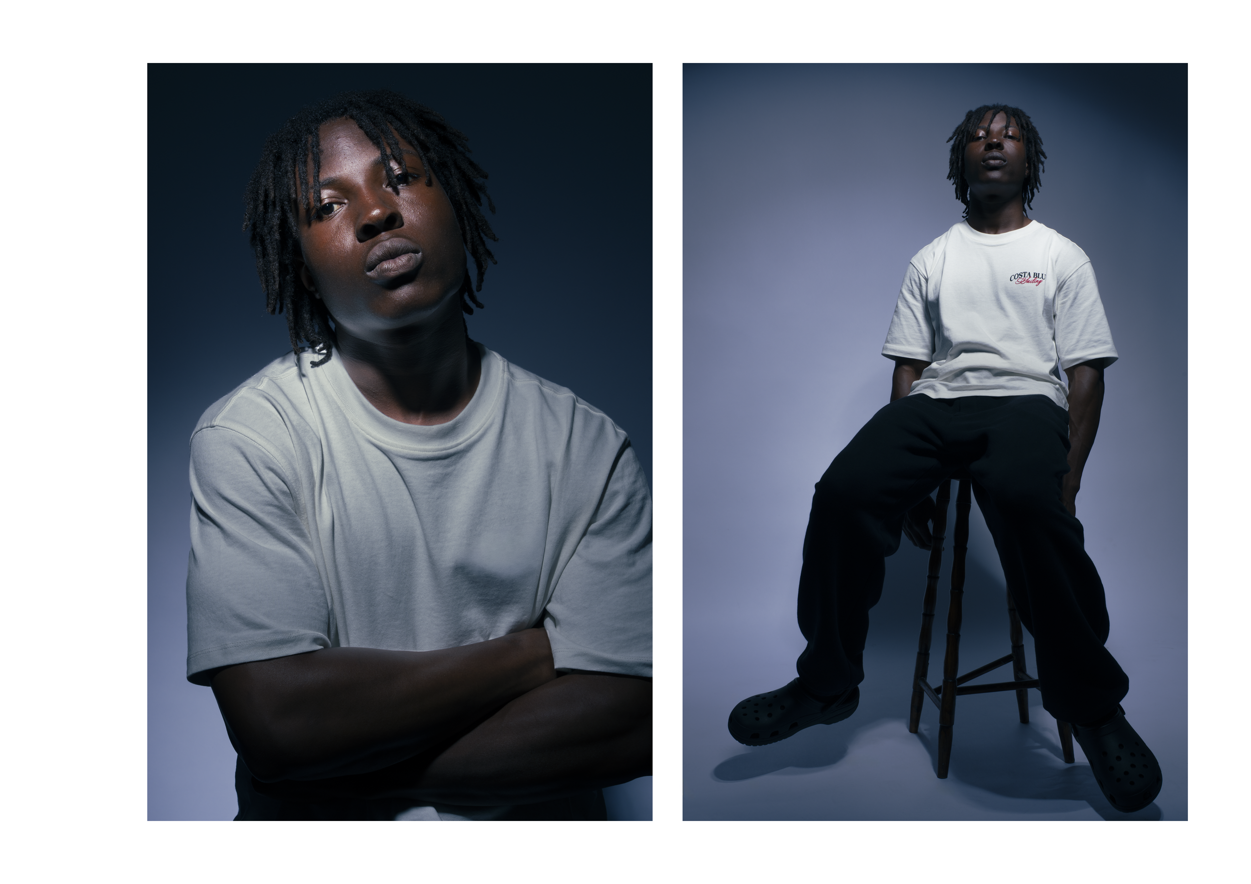 A young man with dreadlocks, wearing a white t-shirt, in a studio with a dark blue background. The image is a diptych showing close-up and full-body views. He has a serious expression, and in the full-body shot, he is sitting on a chair wearing black