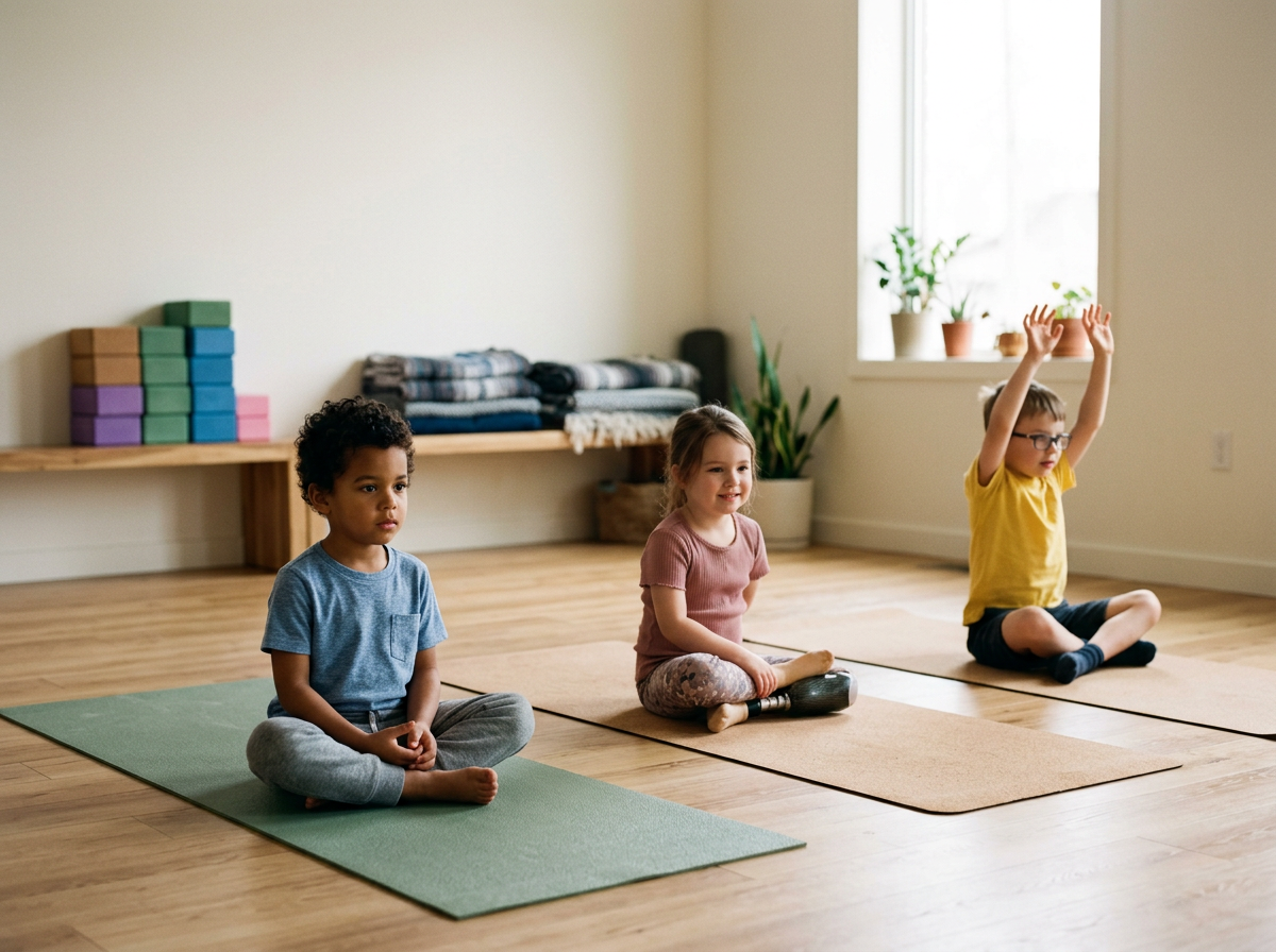 Three children practicing yoga in a bright room with mats, a window with potted plants, and shelves with folded blankets and blocks.