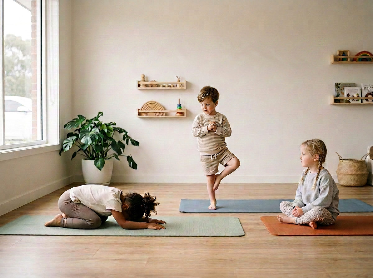 Children practicing yoga in a bright, minimalistic room with wooden floors and large window, one girl in a seated meditation pose, others performing a tree pose and a child's pose.