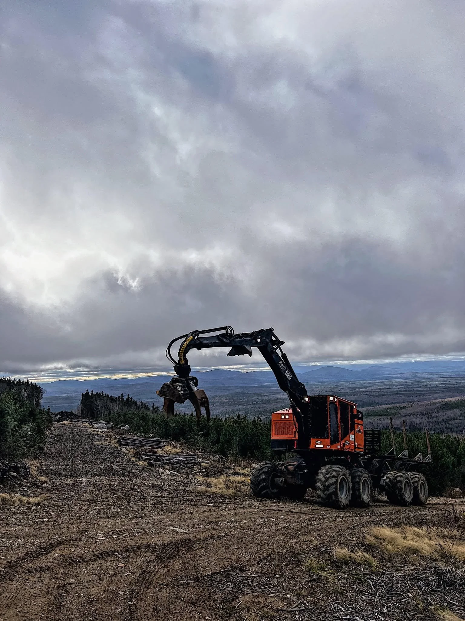 A construction excavator working on a dirt path in a mountainous landscape under a cloudy sky.