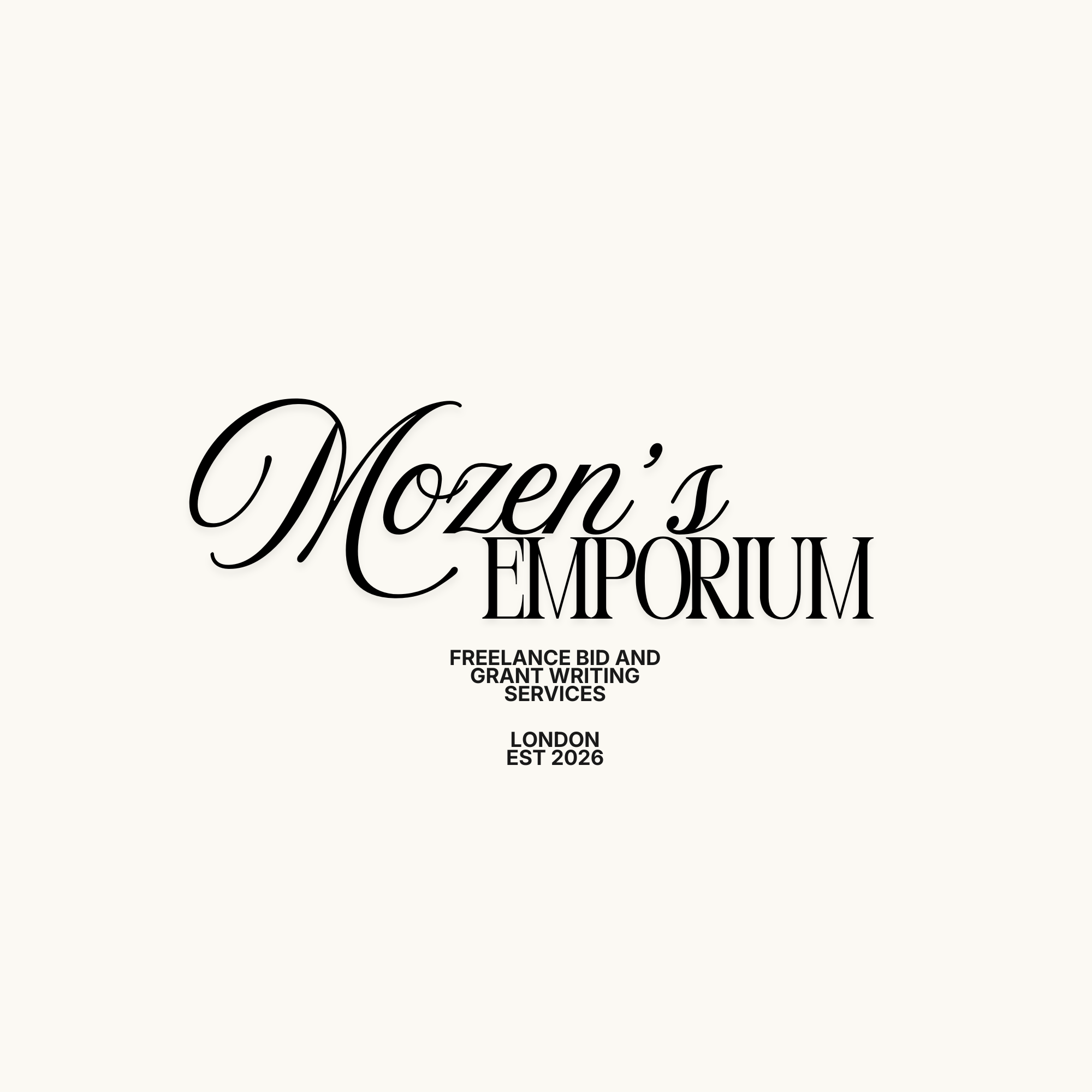 Text on a white background that reads 'A Mozen's EXPORIUM' followed by 'FREELANCE BID AND GRANT WRITING SERVICES' and 'LONDON EST 2026'.