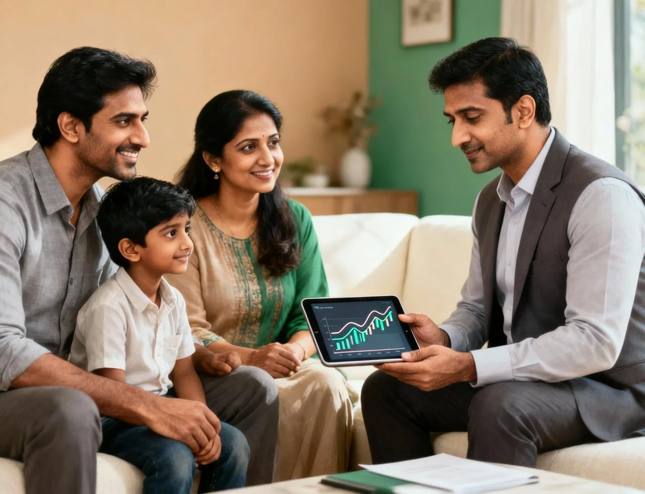 Indian family with a man showing financial graphs on a tablet to a woman, young boy, and another man in a living room.