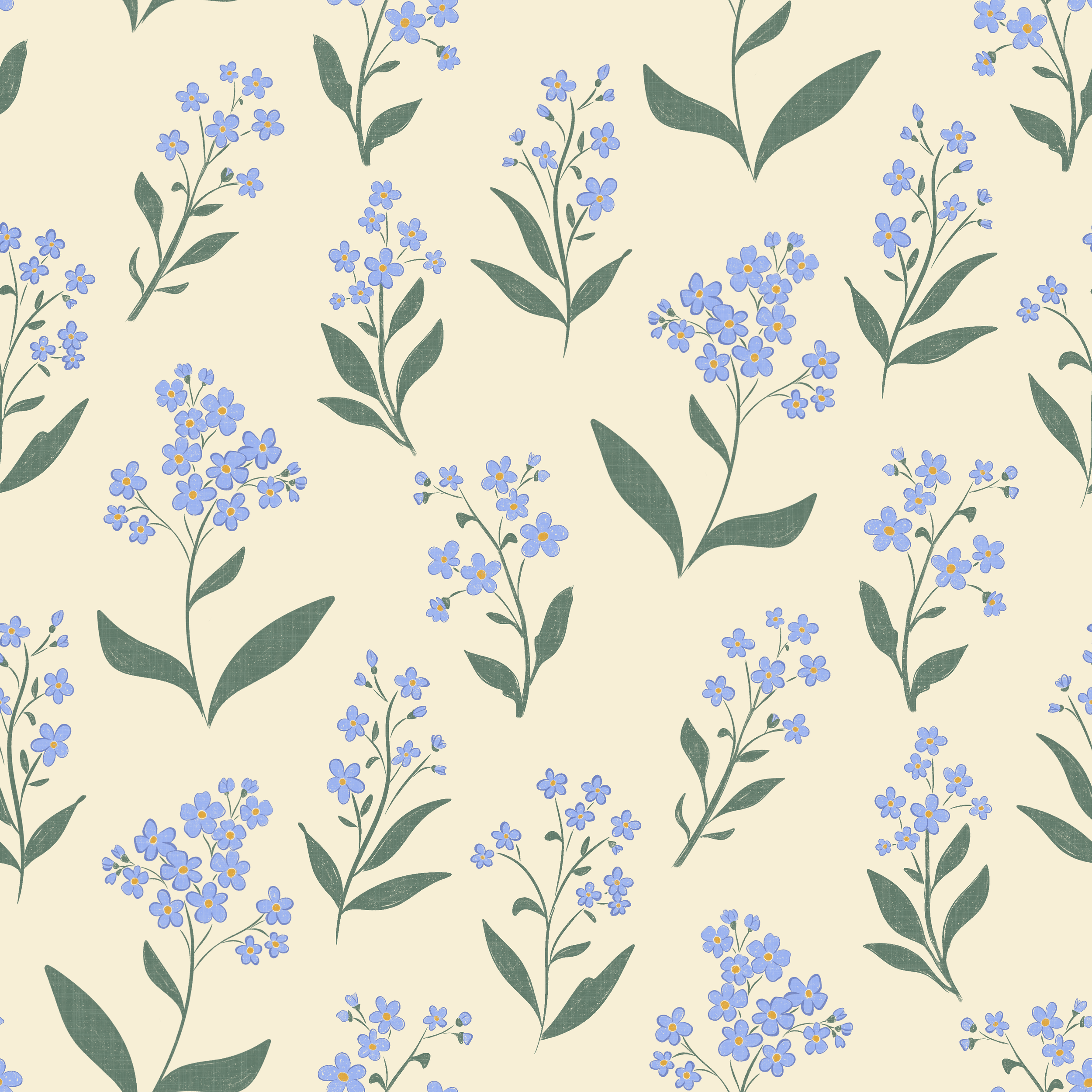 Pattern of blue forget-me-nots and green leaves on a beige background.