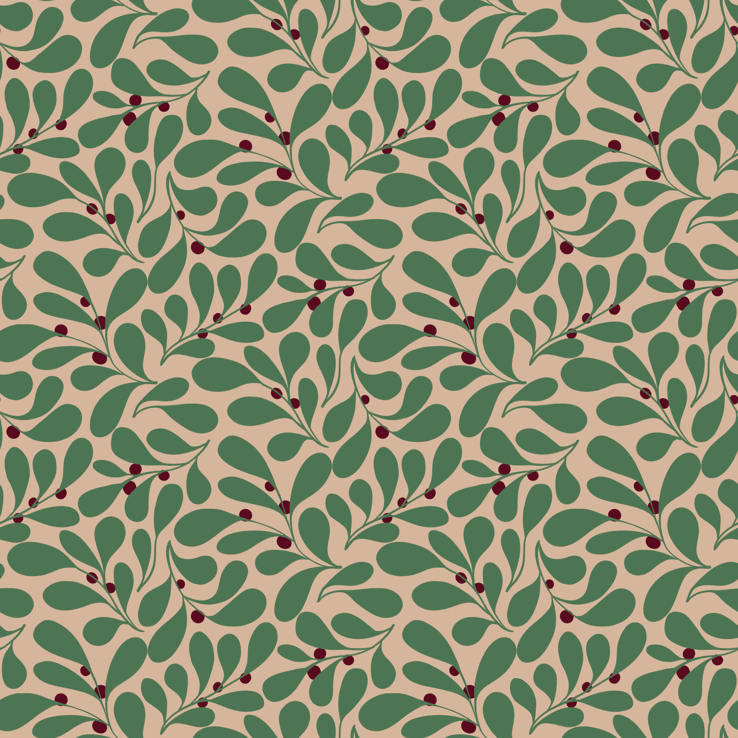 A festive seamless pattern of green leaves with small red berries on a beige background.