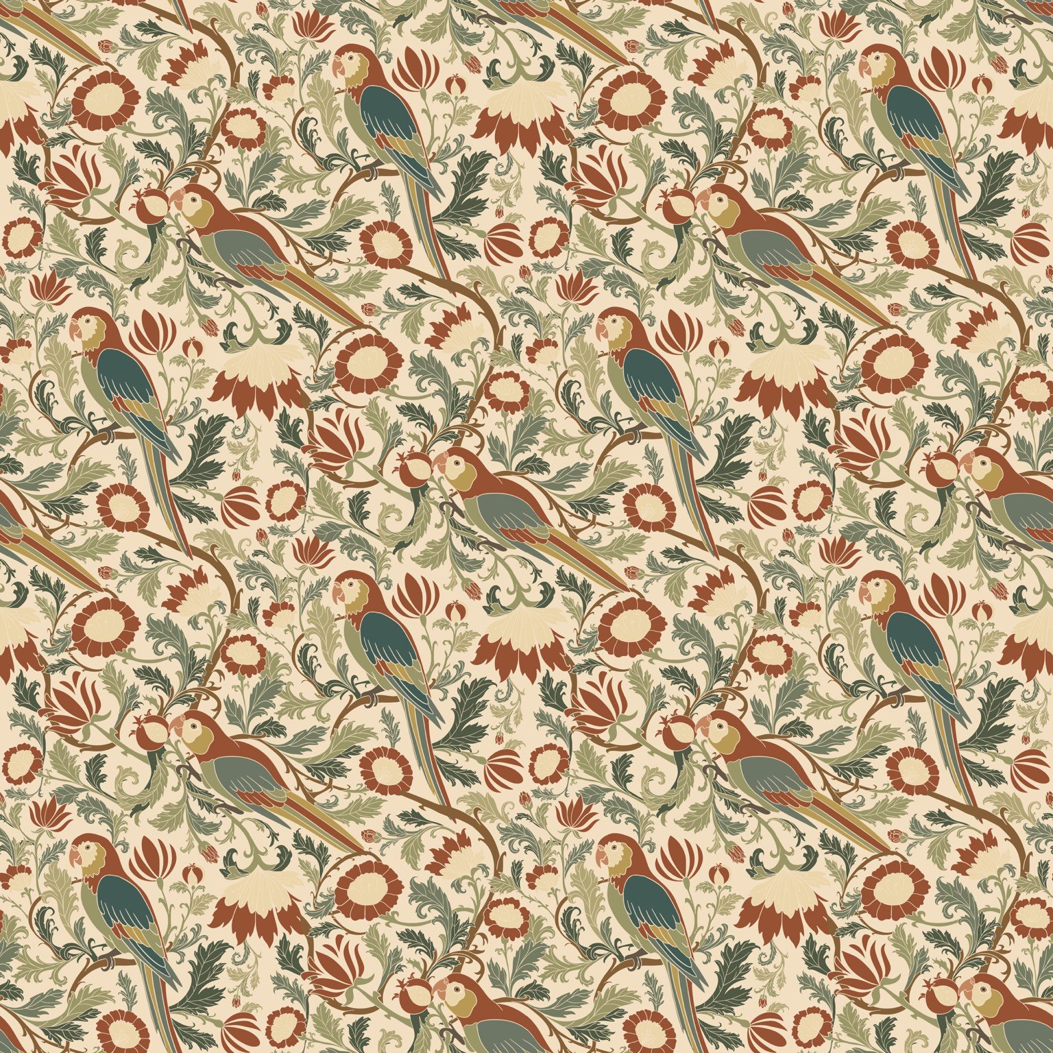A repeating pattern featuring parrots perched on branches amidst large, stylized flowers and leaves in earthy tones.