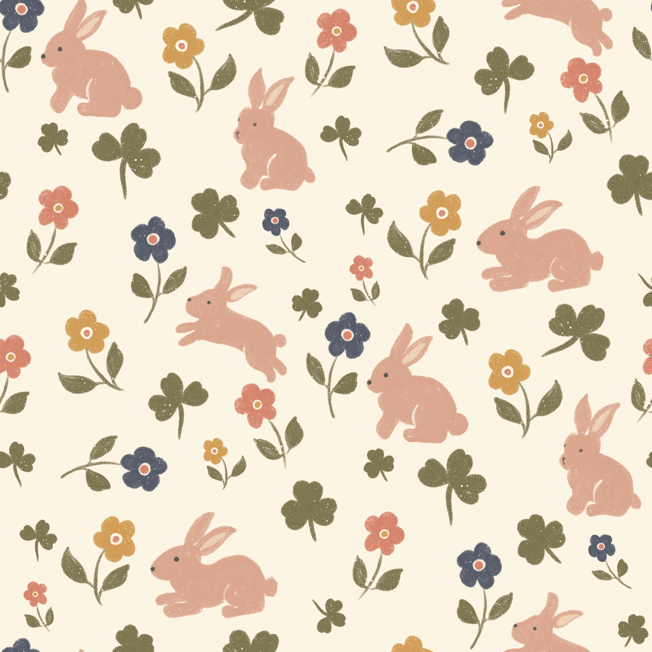 Pattern featuring pink rabbits, green leaves, and multicolored flowers on a light background.