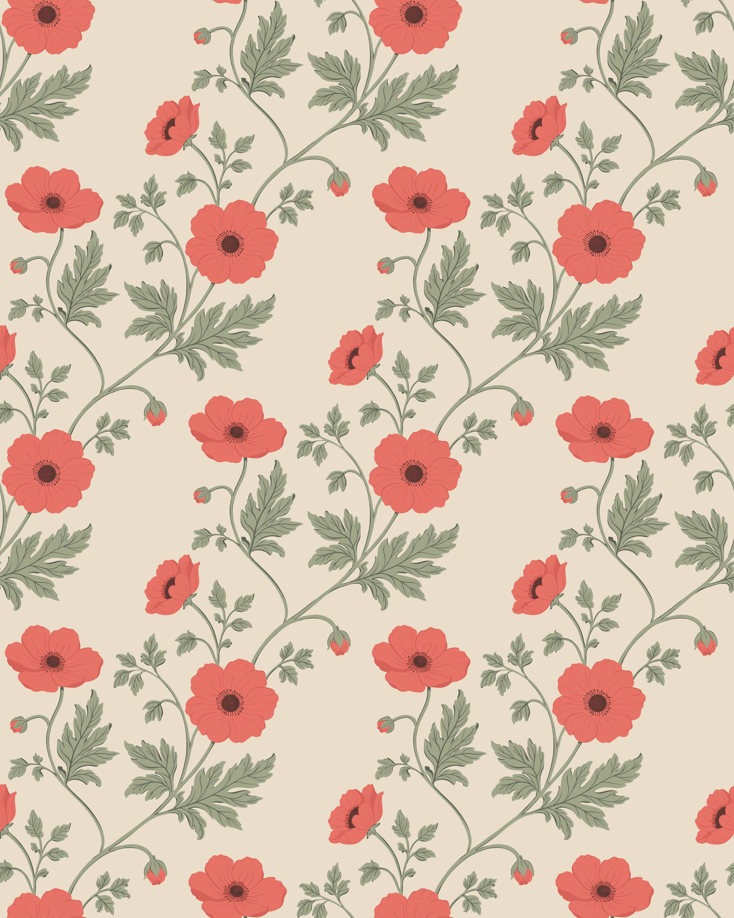 A repeating pattern of coral-colored poppy flowers with black centers, and green leaves on winding stems on a light beige background.