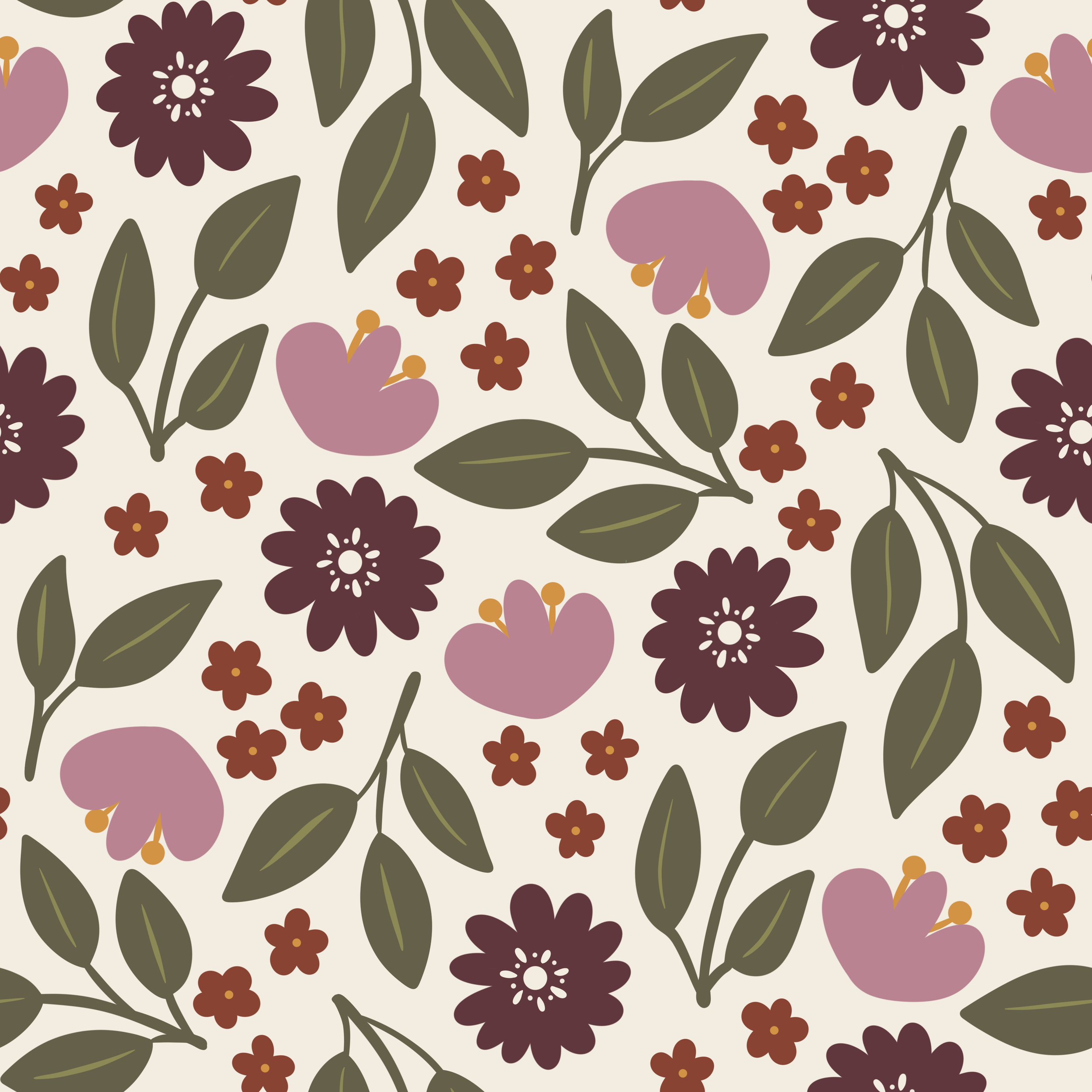 A floral pattern with large purple flowers, small brown flowers, and green leaves on a light beige background.