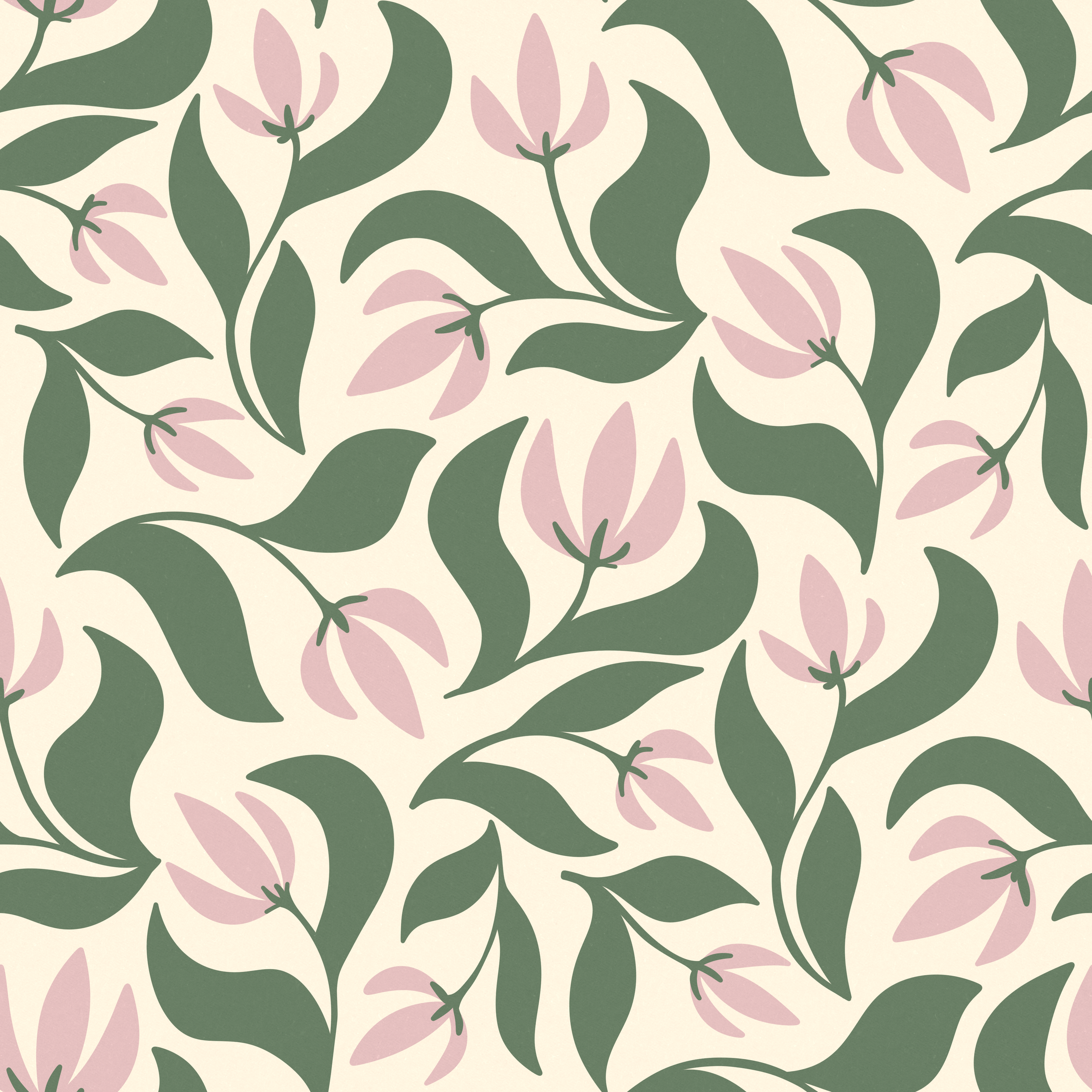 A repeating pattern of pink and cream-colored flowers with green leaves on a light background.