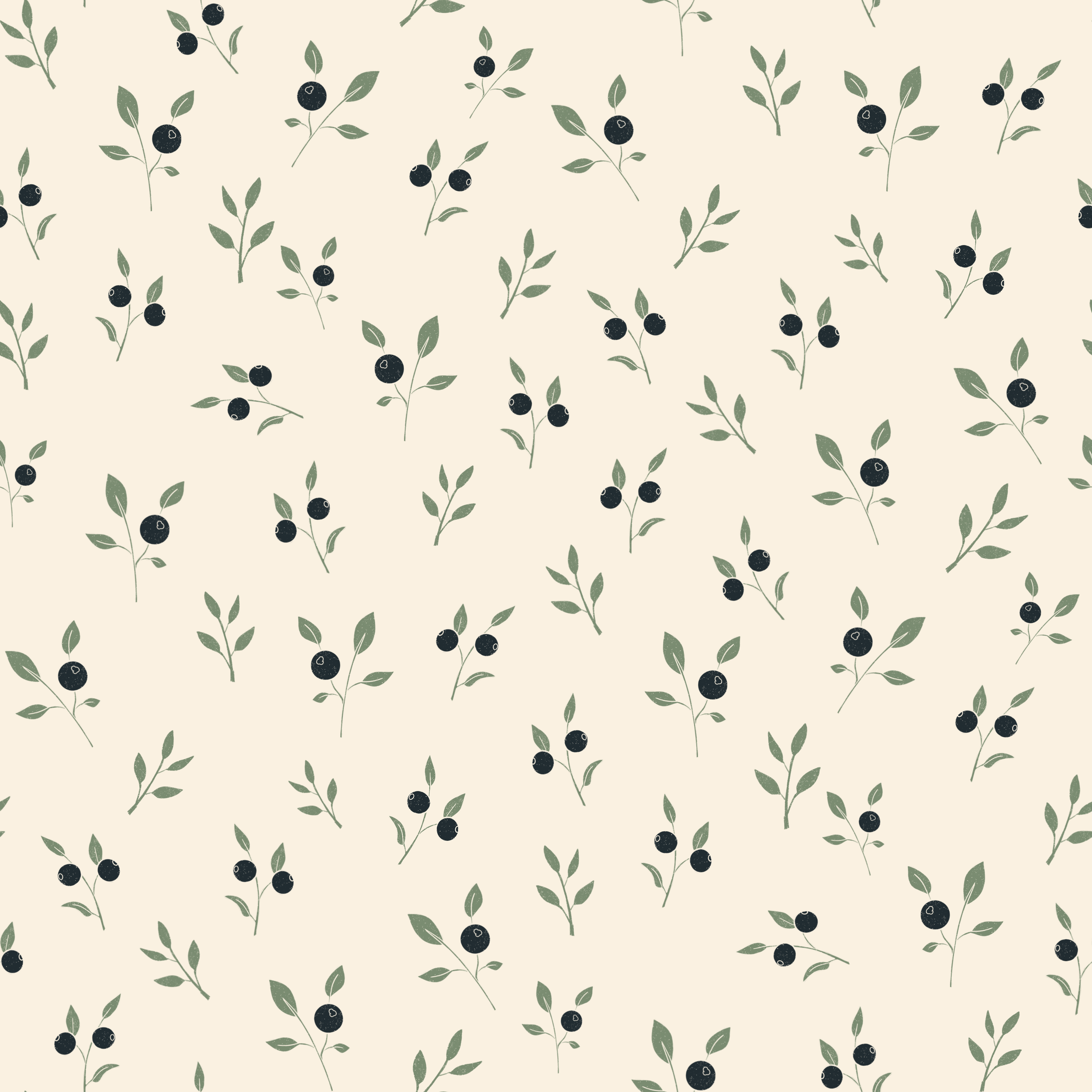 Pattern of blueberries with green leaves on a light background.