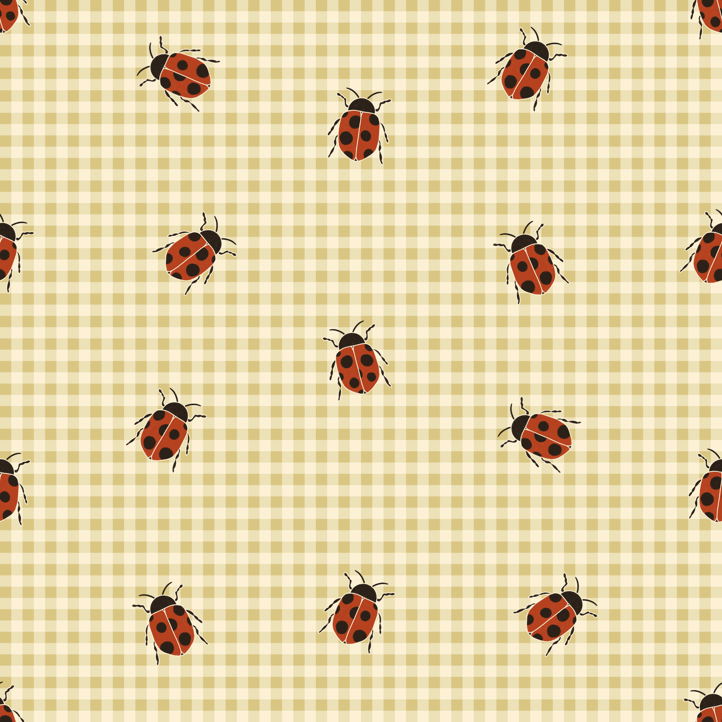 Pattern of red ladybugs with black spots on a beige checkered background.