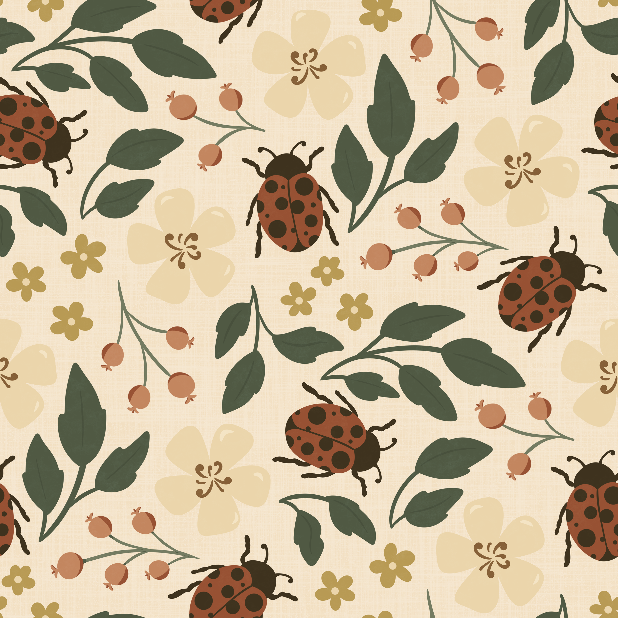 Pattern featuring ladybugs, green leaves, and small beige flowers on a light background.