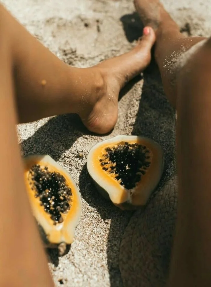 Fresh papaya on the beach in La Jolla, California.