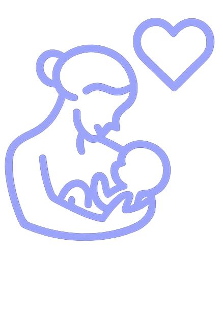 Line drawing of a woman holding a baby, with a heart above them.