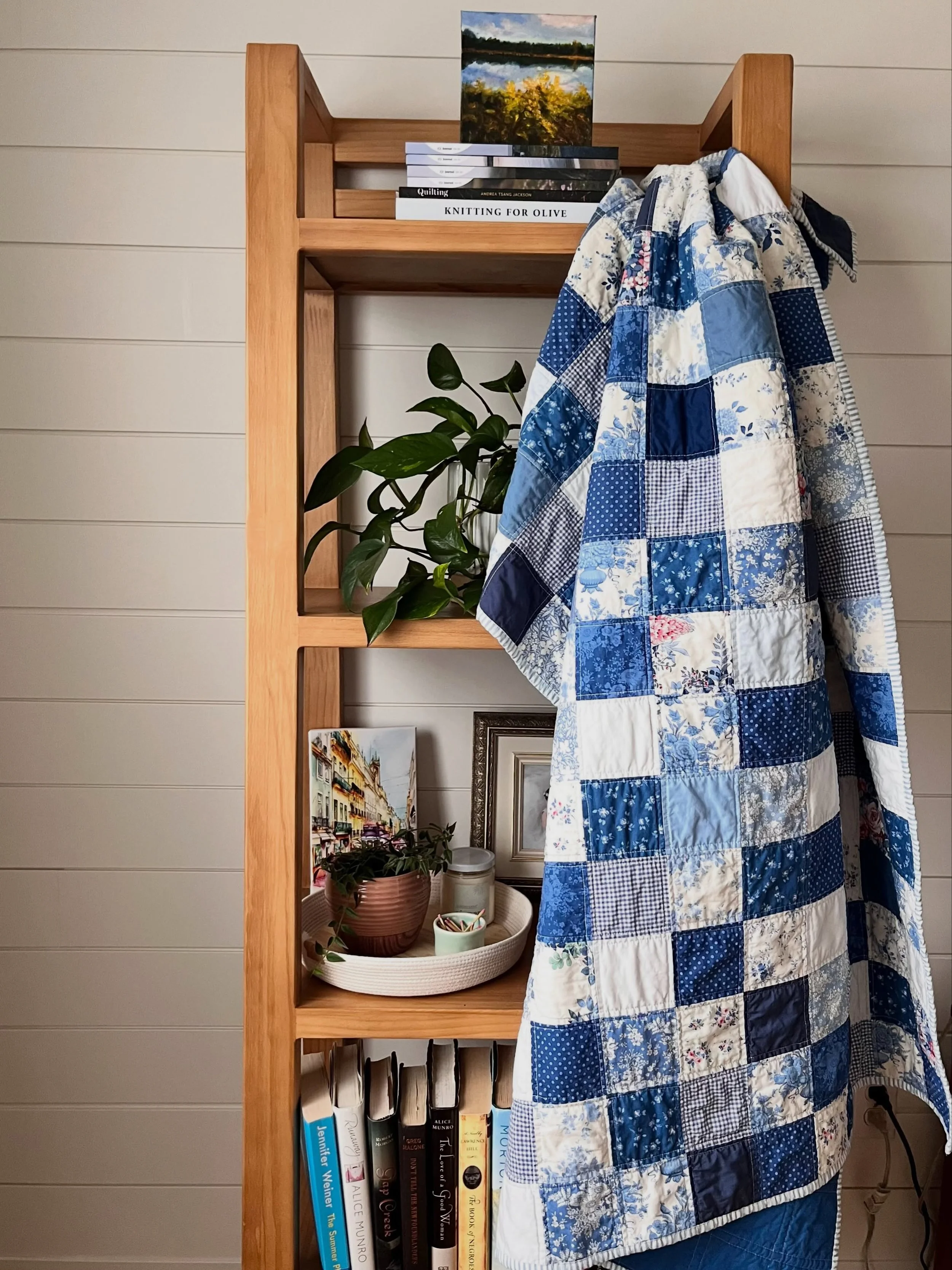 The August patchwork has been completed-my newest quilt to add to my website. There are so many lovely prints in this one-most of them from the Tilda line called something blue. I&rsquo;ve decided to start naming my quilts after tiny towns in PEI (wh