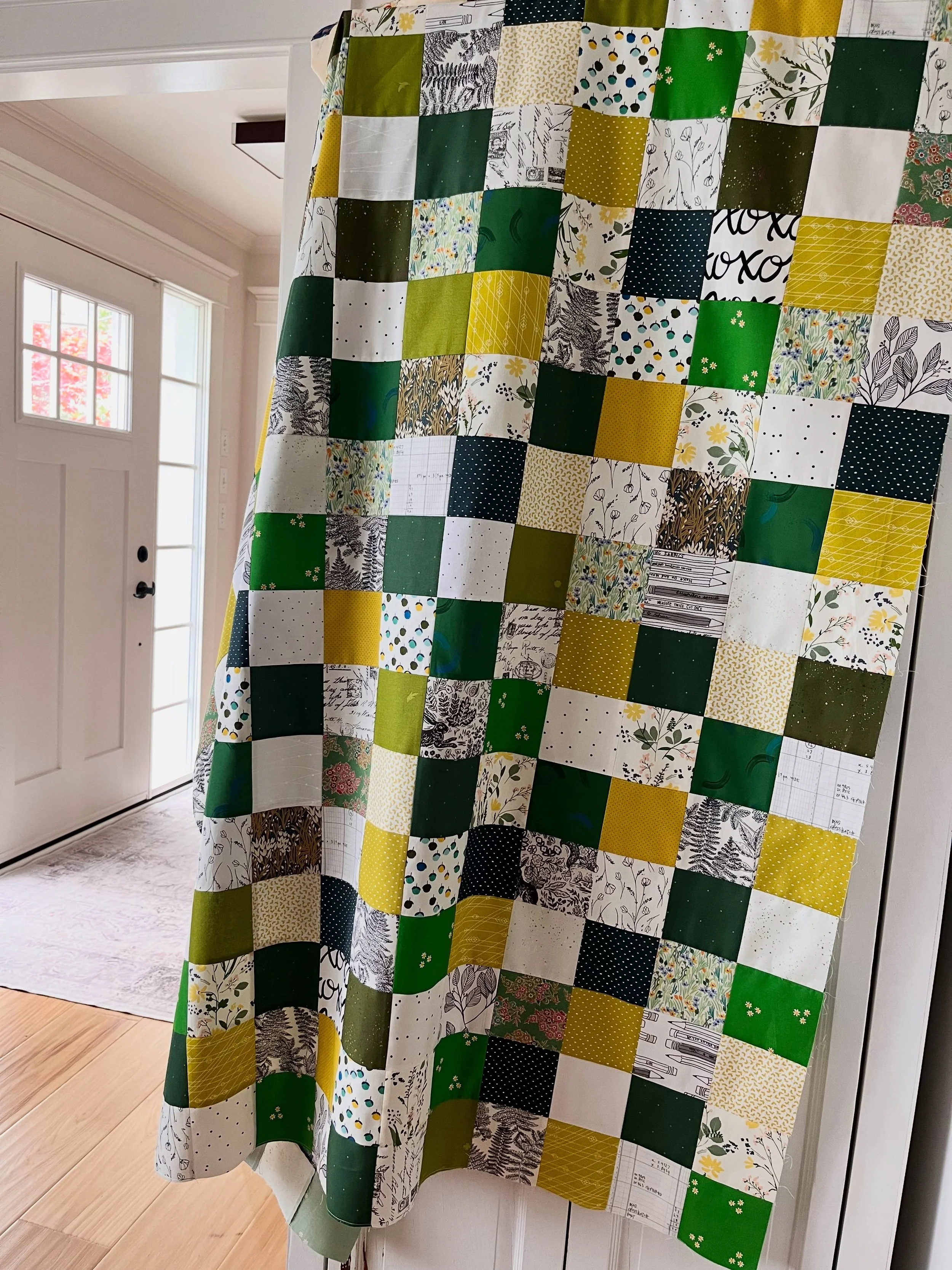 How do we feel about green? September patchwork top is finished, now to decide on backing and binding. #patchwork #stampstitchcreate #throwquilt #madeincanada