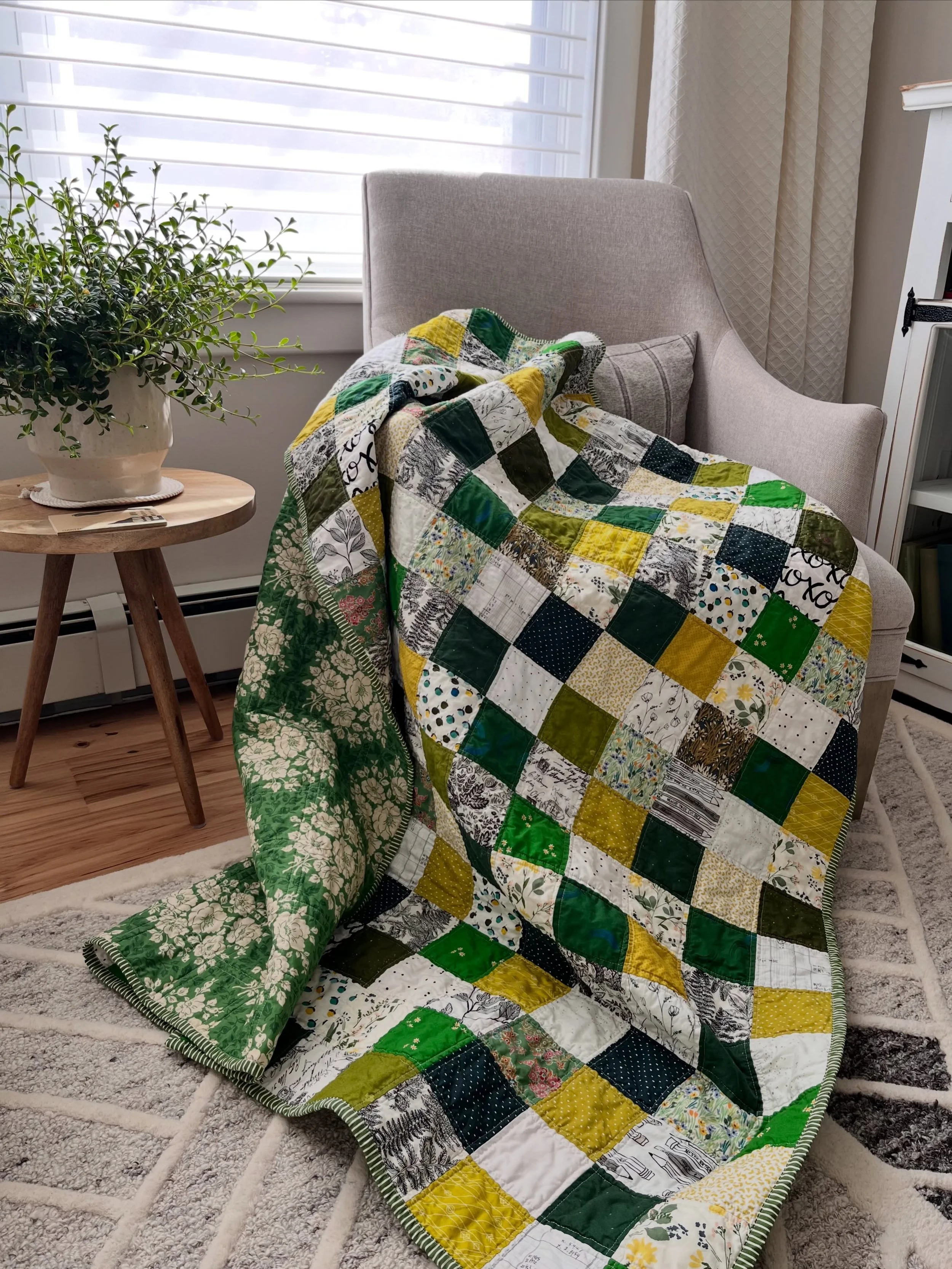 The Cymbria Quilt
Named for a beautiful seaside town in PEI just outside of Rustico.  I wanted the focus of September patchwork to be shades of green with some low volume  prints added in-many of my favorite black and white prints are here and the la