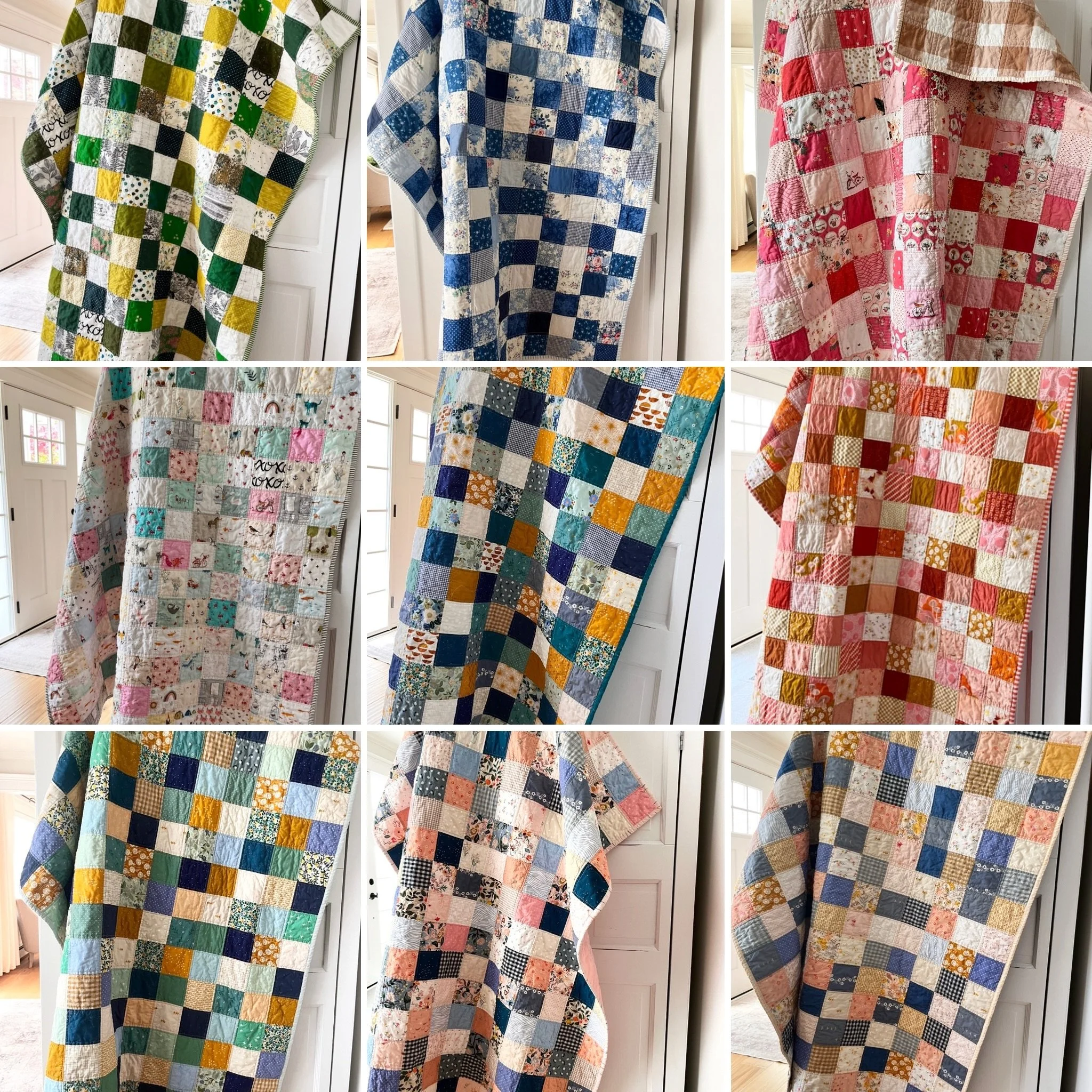 I&rsquo;m 9 months into my patchwork project, and even though the quilt construction is the same, they can all look remarkably different, depending on the prints and colors chosen. 8/9 of these have been sold, the Cymbria Quilt (September patchwork i