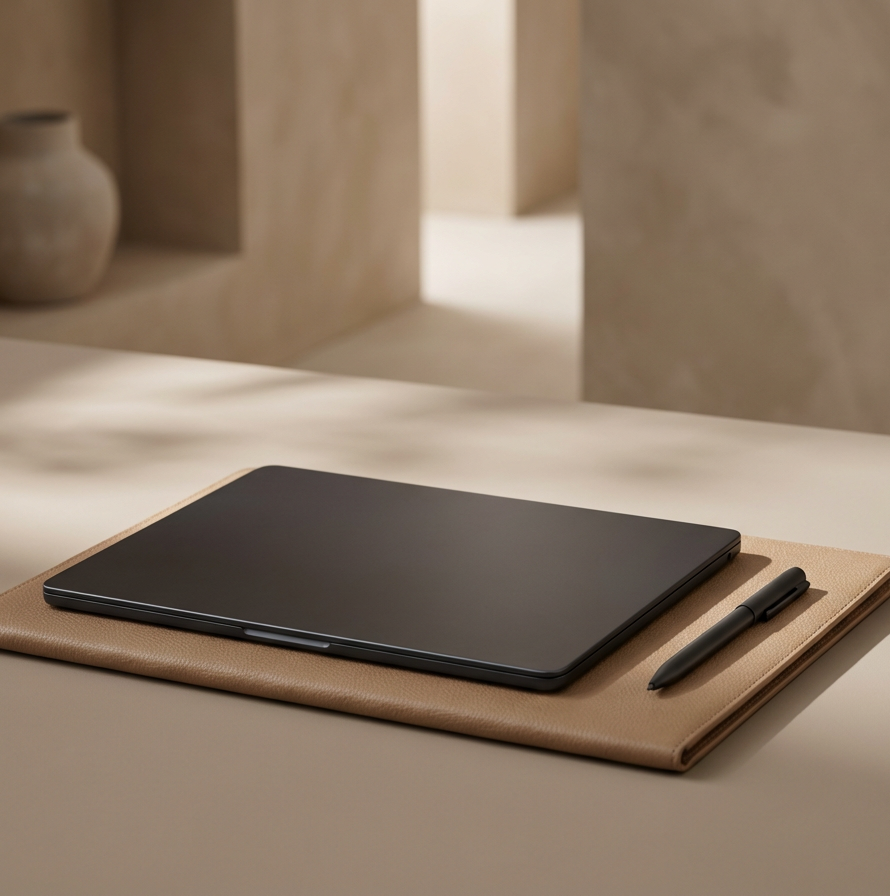 A closed black laptop, a black pen, and a beige notebook on a light-colored surface with a beige background.