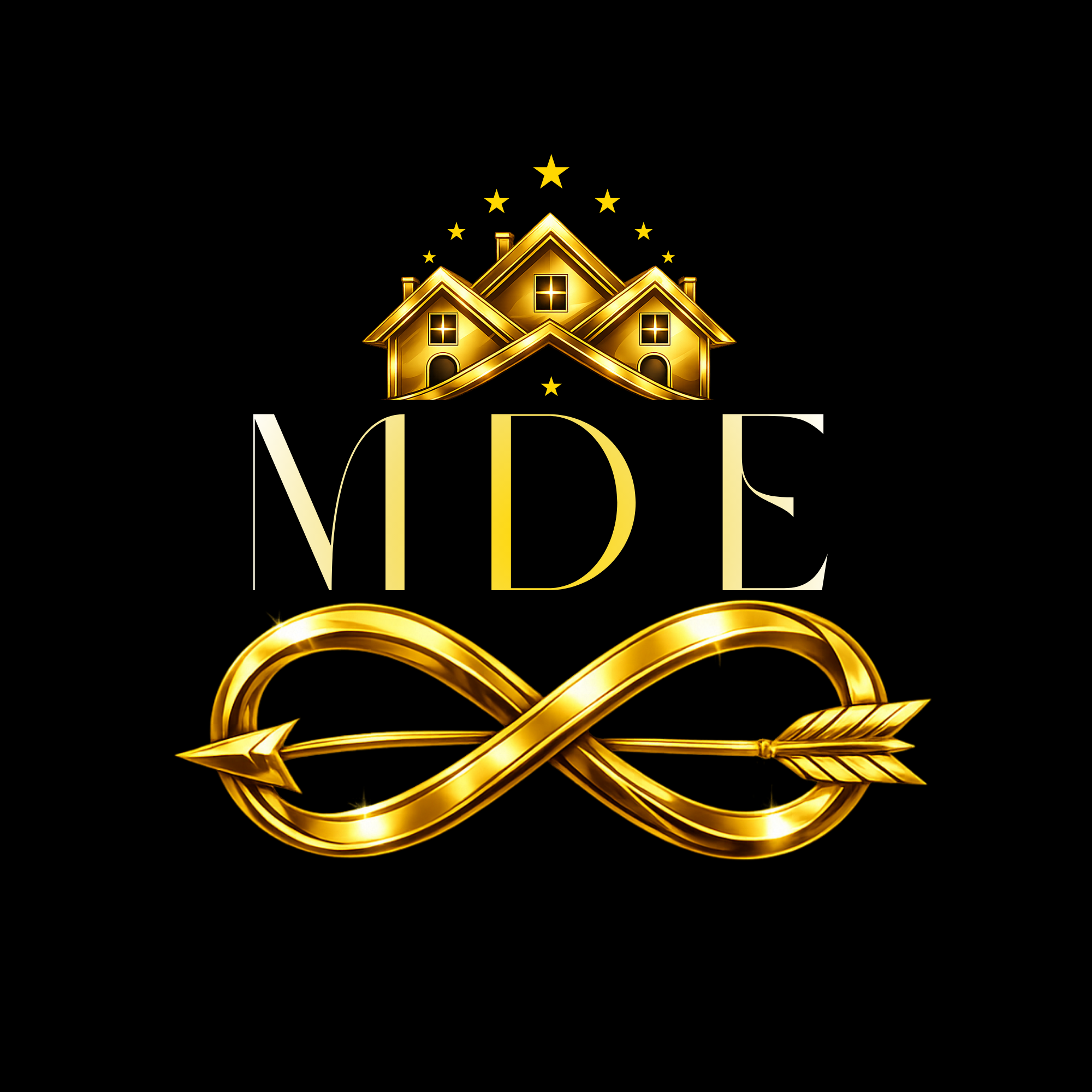 Gold colored houses with stars above and the word 'VIBE' written in gold with a black background.