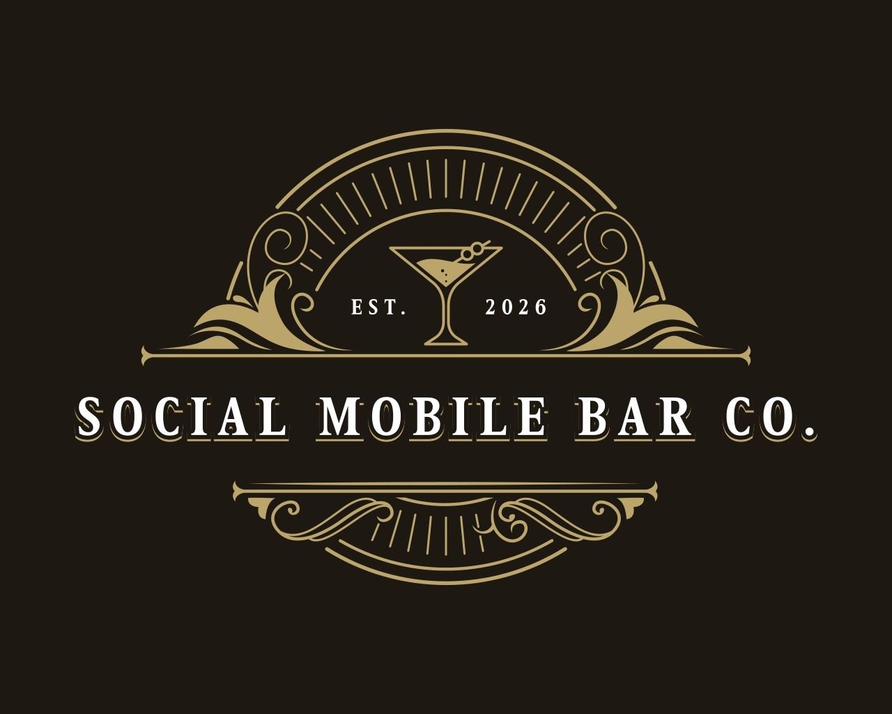 Logo for Social Mobile Bar Co. with a stylized cocktail glass in the center, surrounded by decorative swirls and lines, indicating the company was established in 2026.