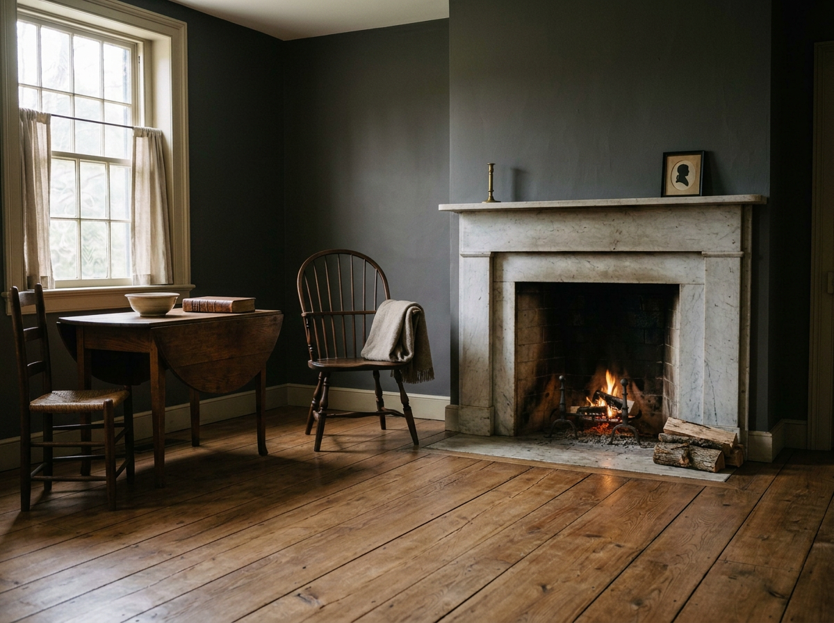 Cozy living room with a lit fireplace, wooden floor, window with curtains, wooden table, decorative bowl, books, wooden chairs, and a framed silhouette art on the mantle.