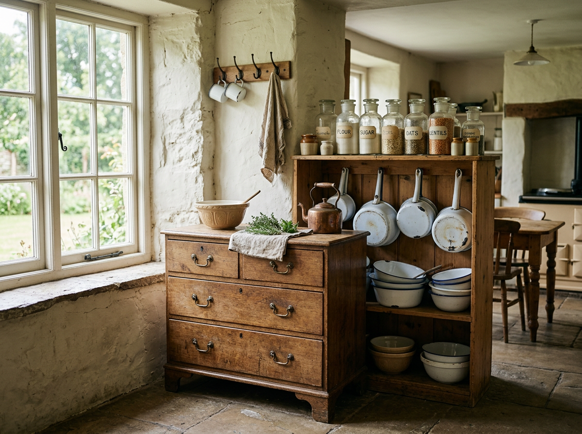 A rustic kitchen with a large window, wooden furniture, and shelves holding jars labeled flour, sugar, oats, lentils, and rice, along with hanging pots and bowls.