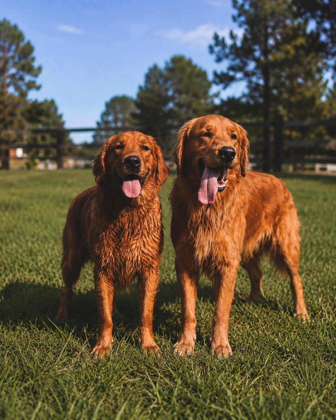 Two golden retrievers standing on grass field with trees and fence in background, one with tongue out and one yawning, sunny day.
