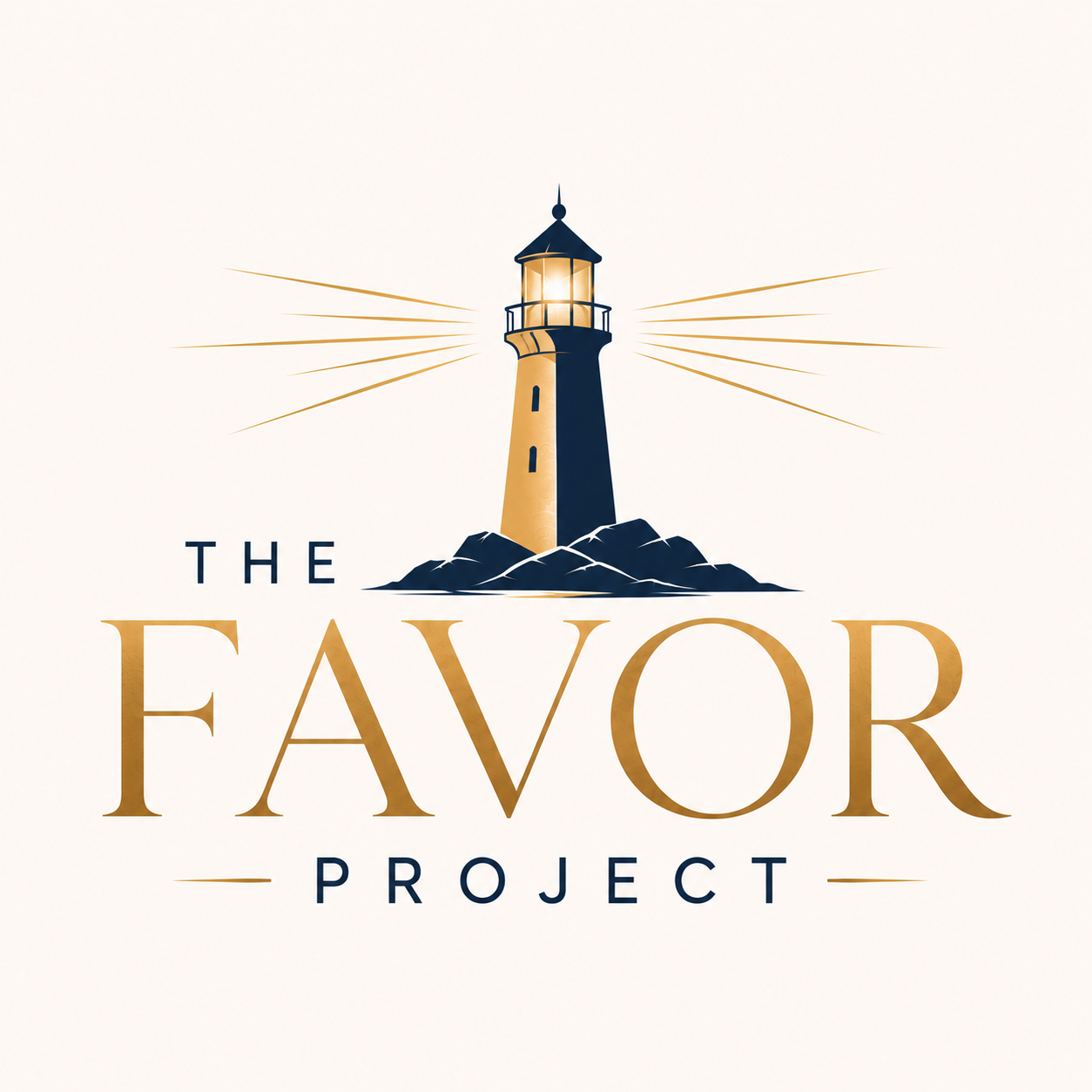 An illustrated logo of a lighthouse on rocks, emitting light rays, with the text "The Favor Project" below.