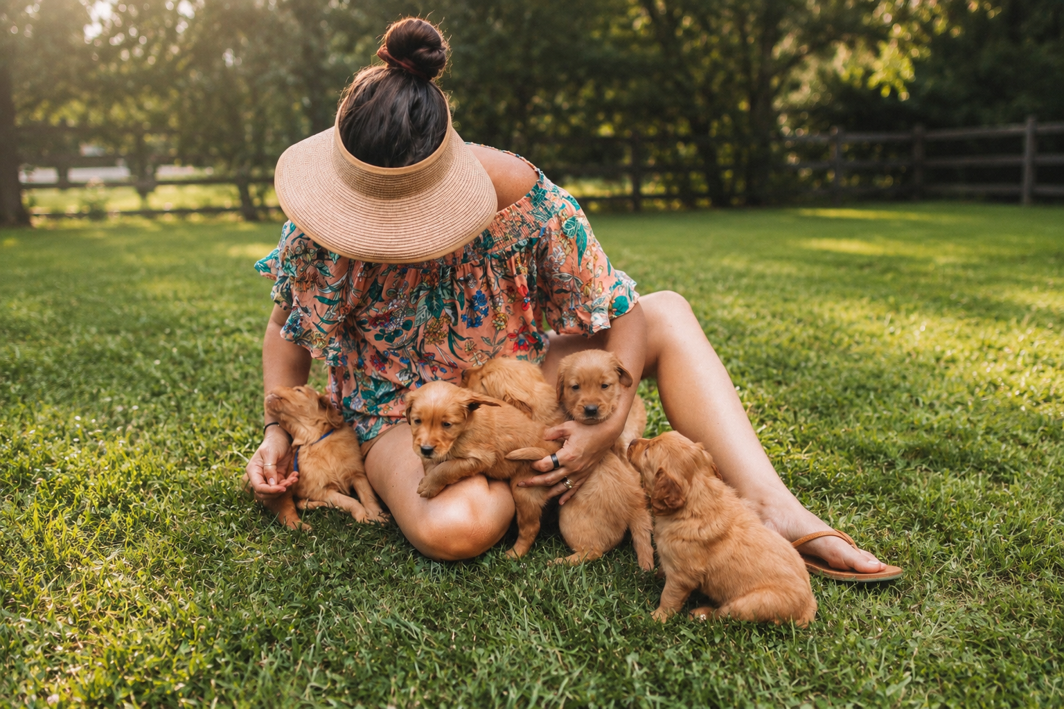 A woman in a floral dress and a wide-brimmed hat sits on green grass surrounded by golden retriever puppies outdoors in a park with trees and a wooden fence in the background.