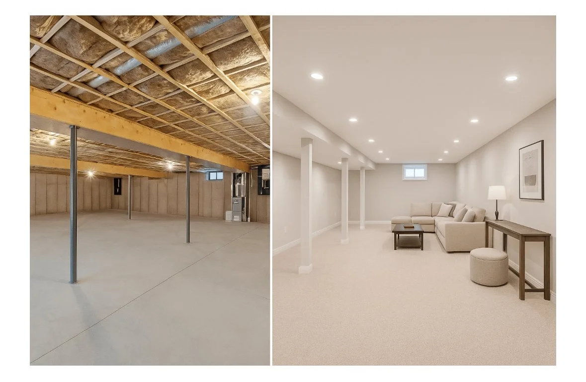 Comparison of a basement before and after renovation: the left side shows an unfinished, empty basement with exposed insulation and support beams, while the right side shows a finished, furnished basement with white walls, recessed lighting, a beige sectional sofa, and decorative furniture.