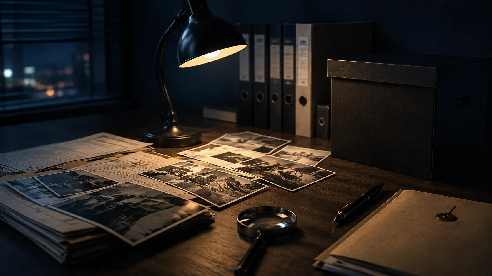 A desk illuminated by a desk lamp with black and white photographs, papers, a magnifying glass, a pen, and a black storage box. There are binders on a shelf in the background.