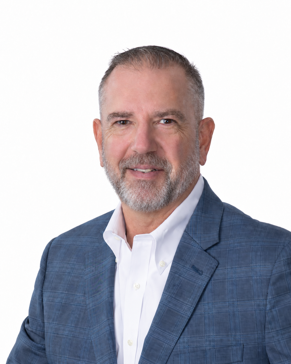 Ben Wolcott, first responder advocate and keynote speaker, wearing a blue checked suit, white shirt, and neatly groomed grey beard.