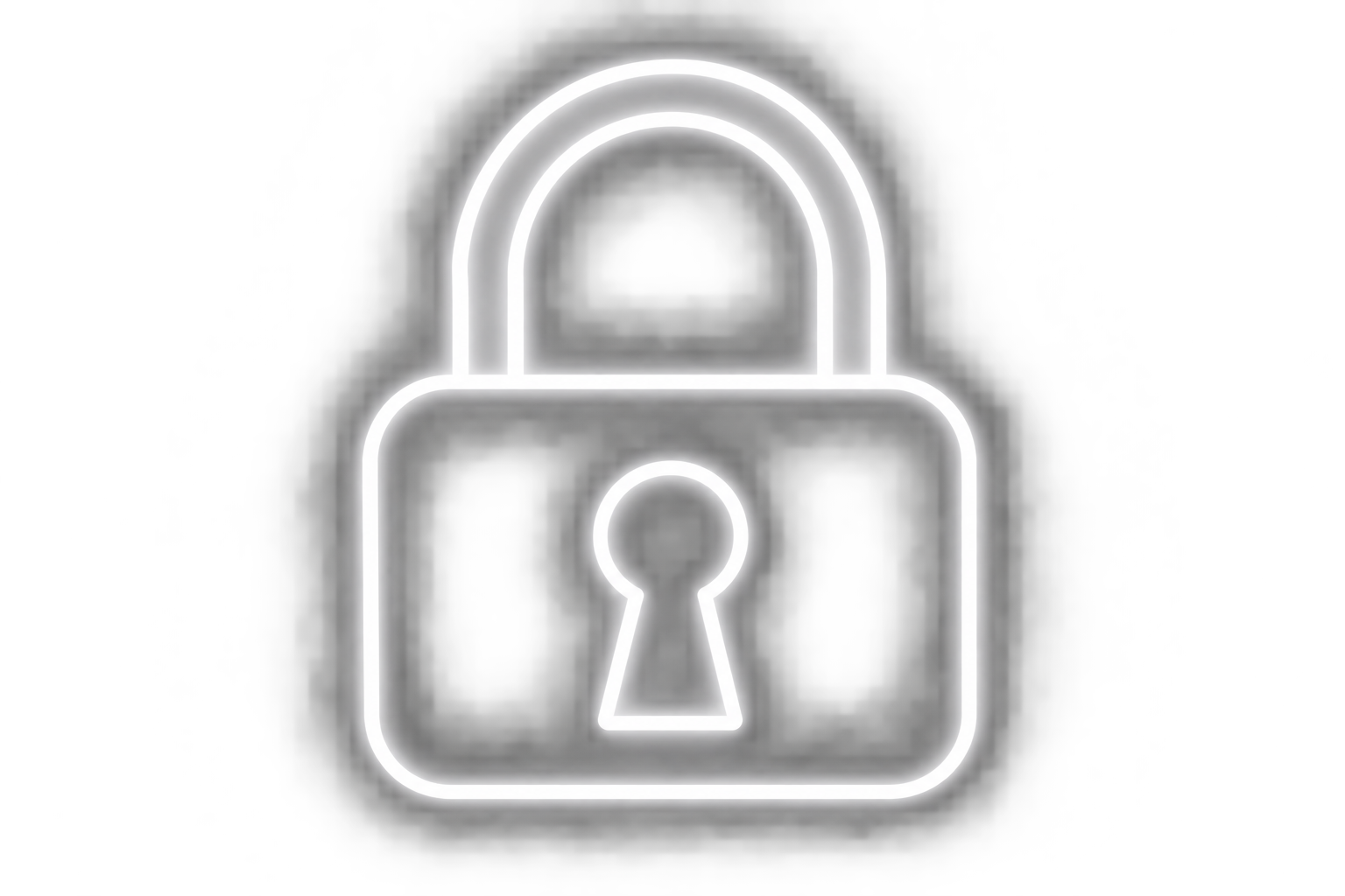 Neon outline of a padlock with a keyhole, glowing white against a dark background.