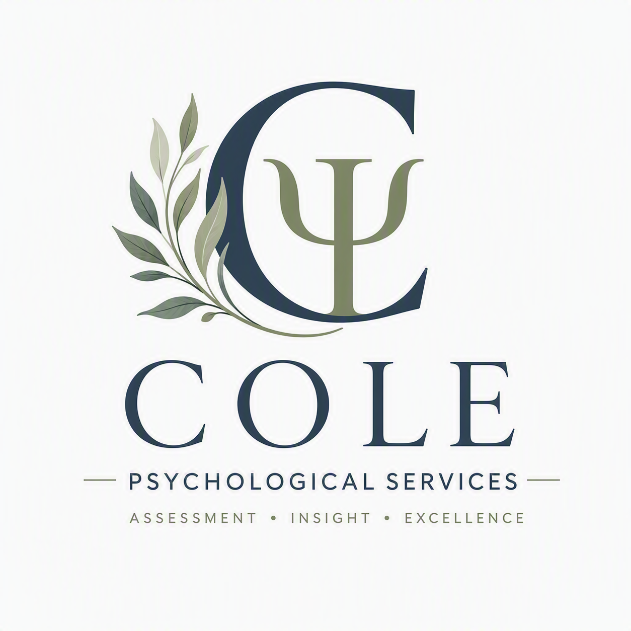 Logo for C Cole Psychological Services featuring a large letter C with a leaf design, the letter psi inside, and the words 'Psychological Services' with the tagline 'Assessment, Insight, Excellence'